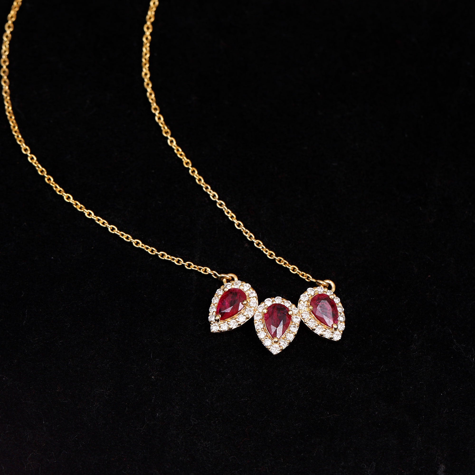Pear Cut Lab Created Ruby Three Stone Necklace with Moissanite Halo AAAA - Rosec Jewels