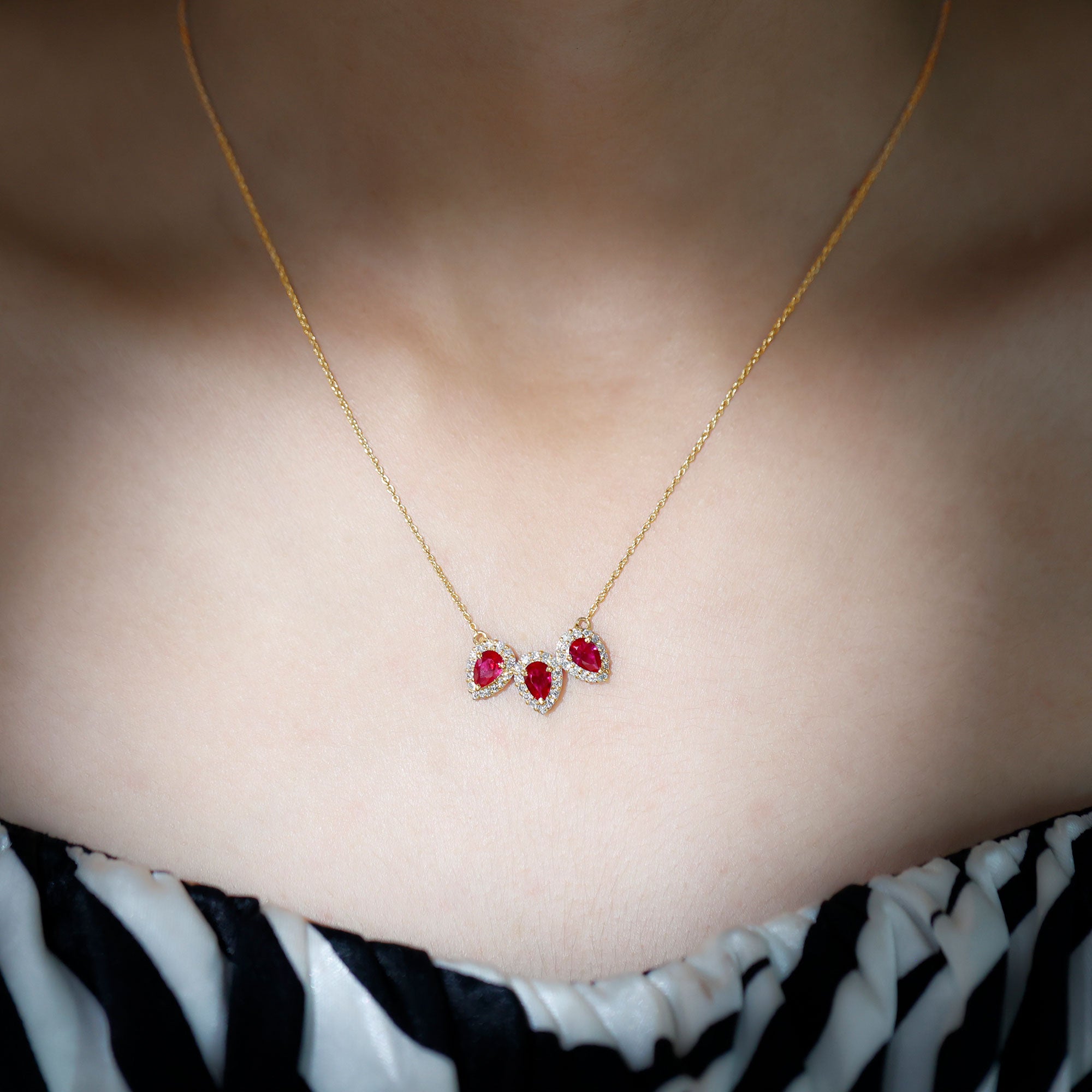 Pear Cut Lab Created Ruby Three Stone Necklace with Moissanite Halo AAAA - Rosec Jewels