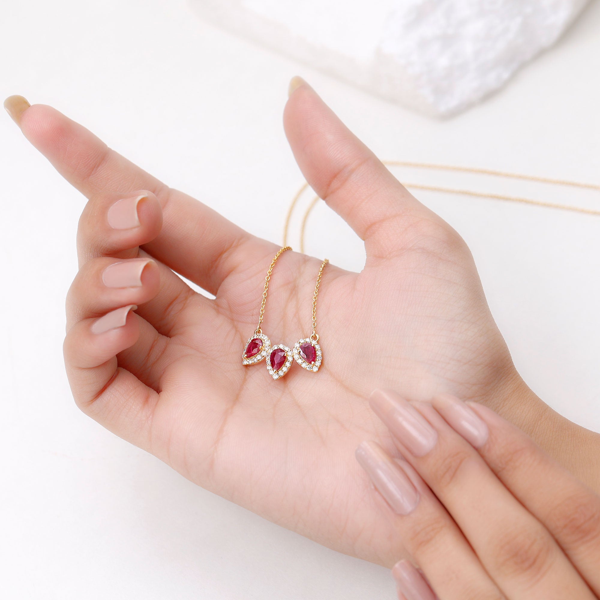 Pear Cut Lab Created Ruby Three Stone Necklace with Moissanite Halo AAAA - Rosec Jewels