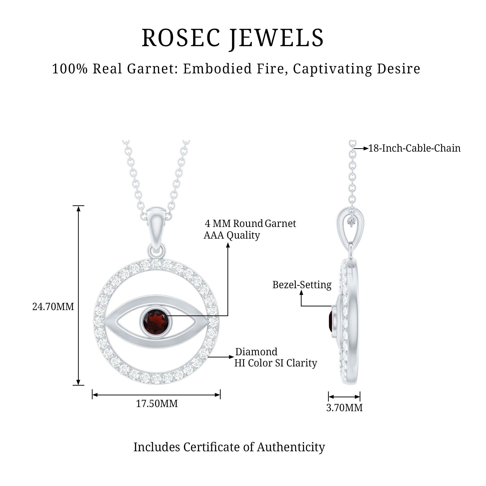 Real Garnet and Diamond Evil Eye Necklace AAA - Rosec Jewels