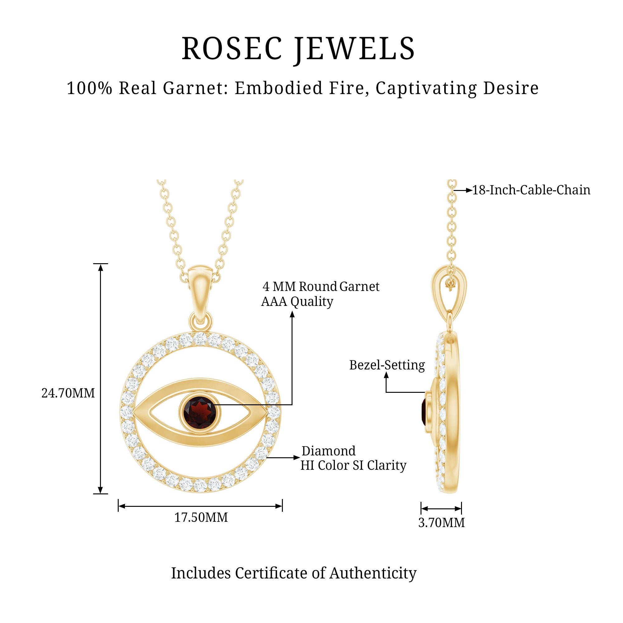 Real Garnet and Diamond Evil Eye Necklace AAA - Rosec Jewels