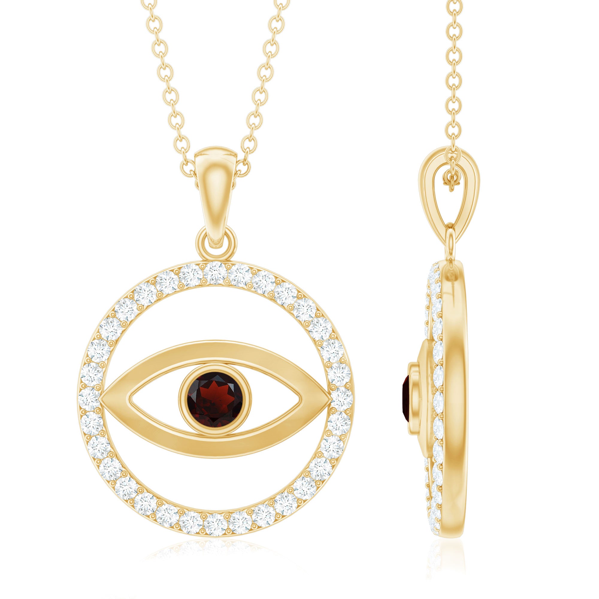 Real Garnet and Diamond Evil Eye Necklace AAA - Rosec Jewels