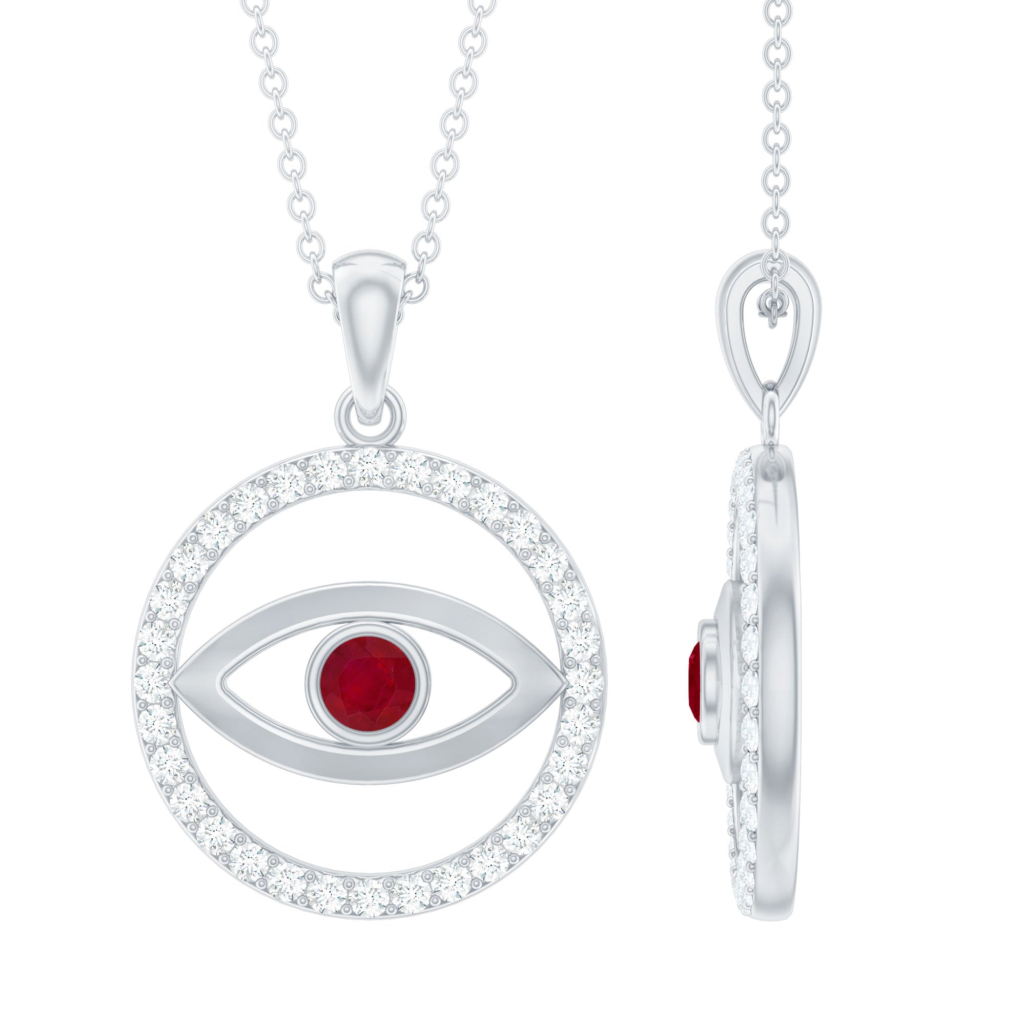 Real Ruby and Diamond Evil Eye Pendant Necklace AAA - Rosec Jewels
