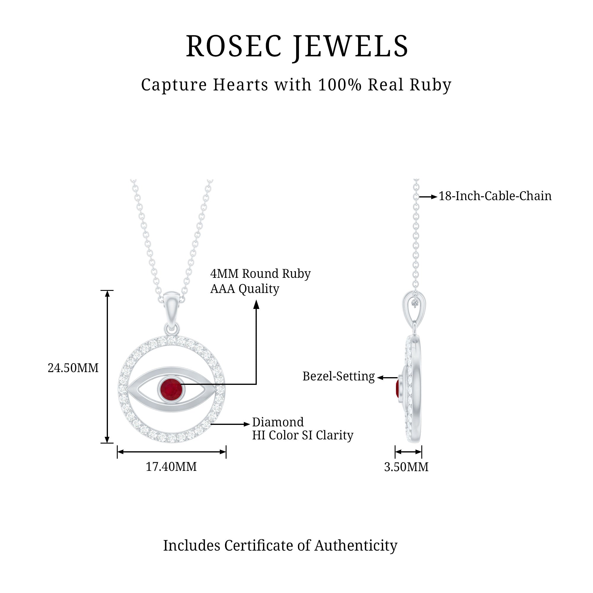 Real Ruby and Diamond Evil Eye Pendant Necklace AAA - Rosec Jewels