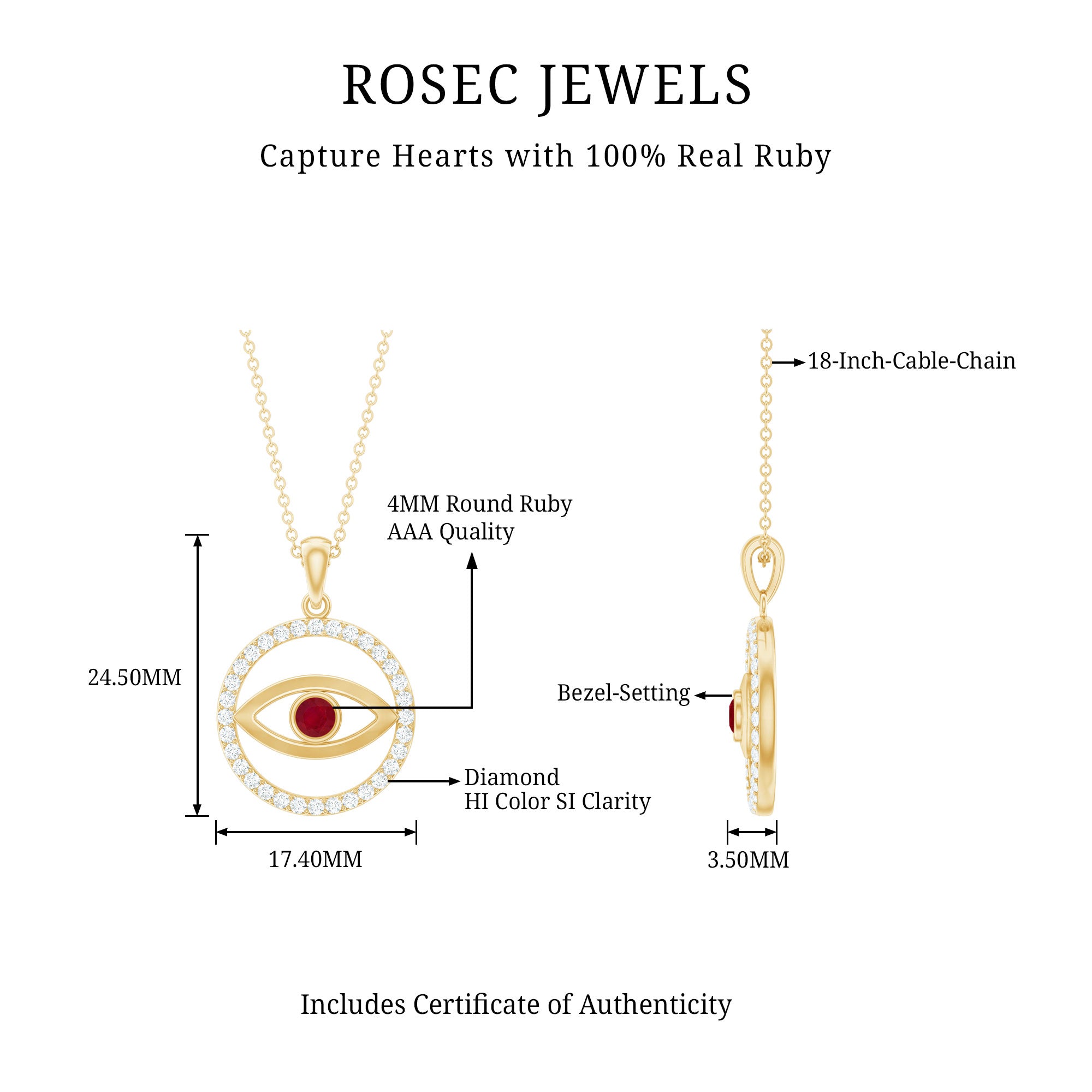 Real Ruby and Diamond Evil Eye Pendant Necklace AAA - Rosec Jewels