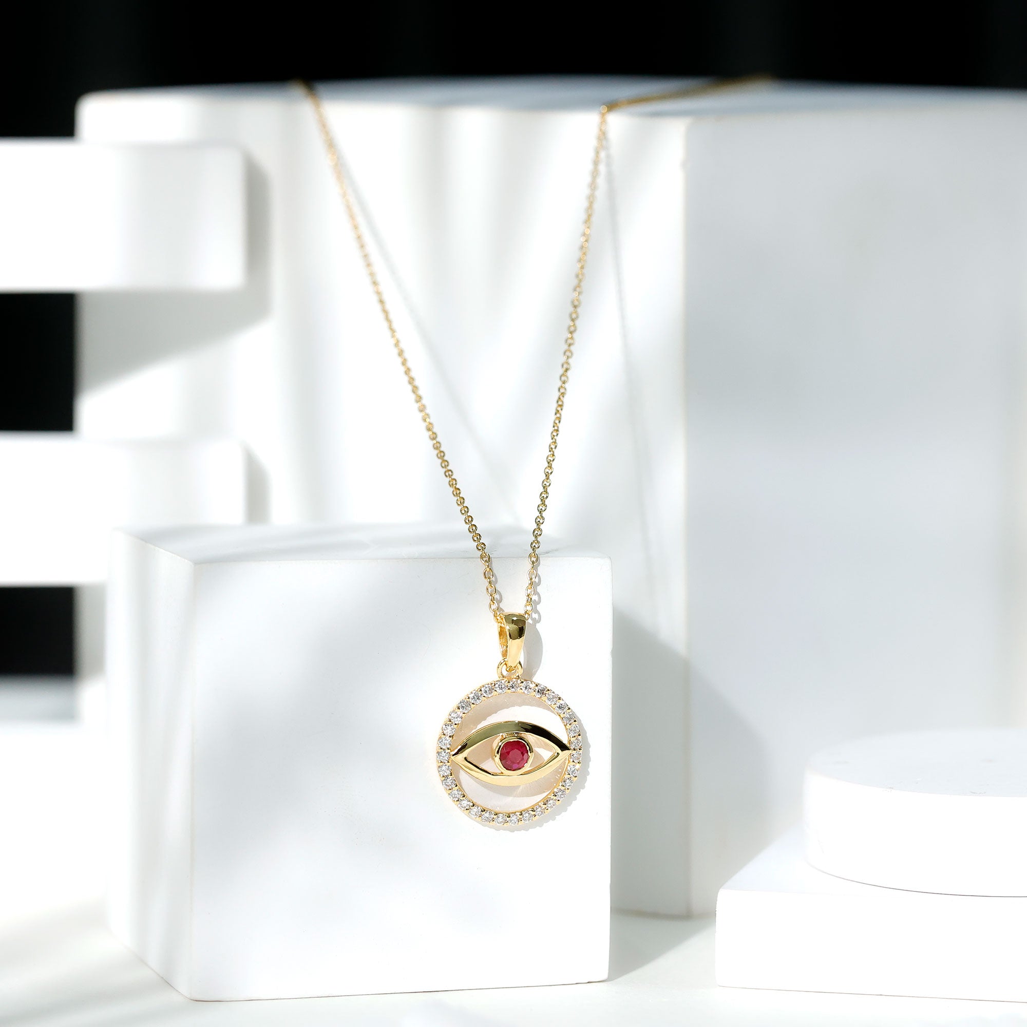 Real Ruby and Diamond Evil Eye Pendant Necklace AAA - Rosec Jewels