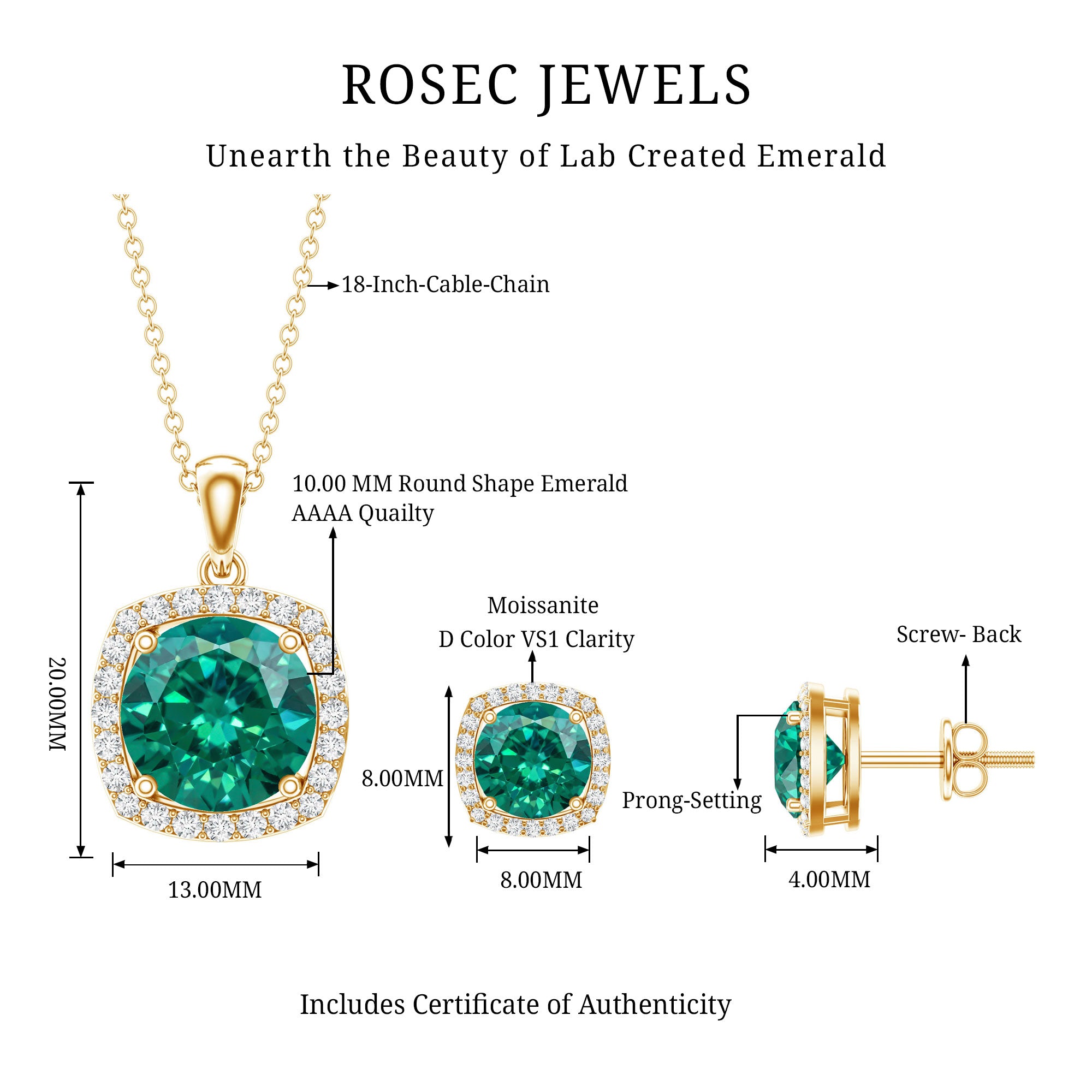 Certified 5 Carat Lab Grown Emerald Necklace and Earring Set for Women AAAA - Rosec Jewels