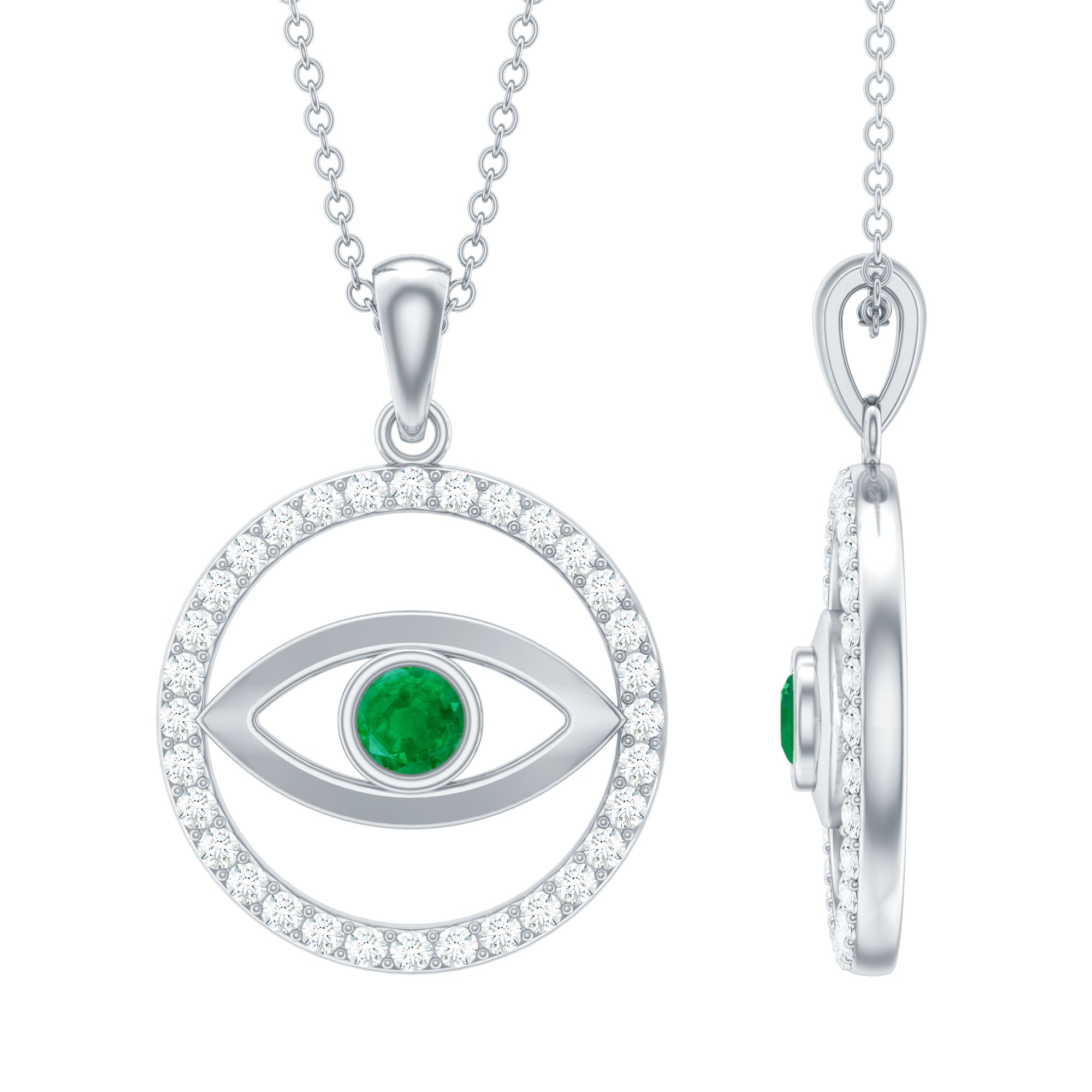 Real Emerald and Diamond Evil Eye Pendant Necklace AAA - Rosec Jewels