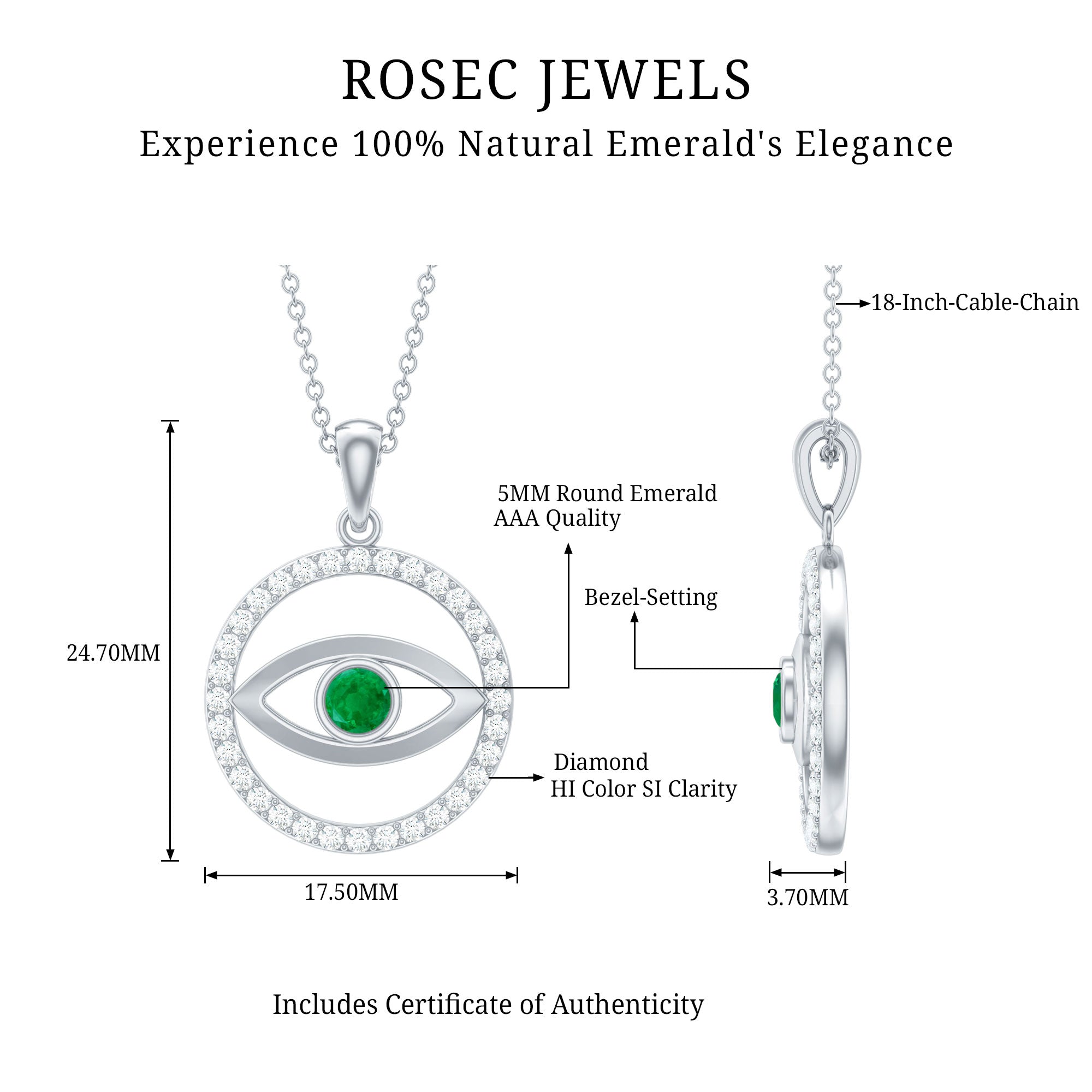 Real Emerald and Diamond Evil Eye Pendant Necklace AAA - Rosec Jewels