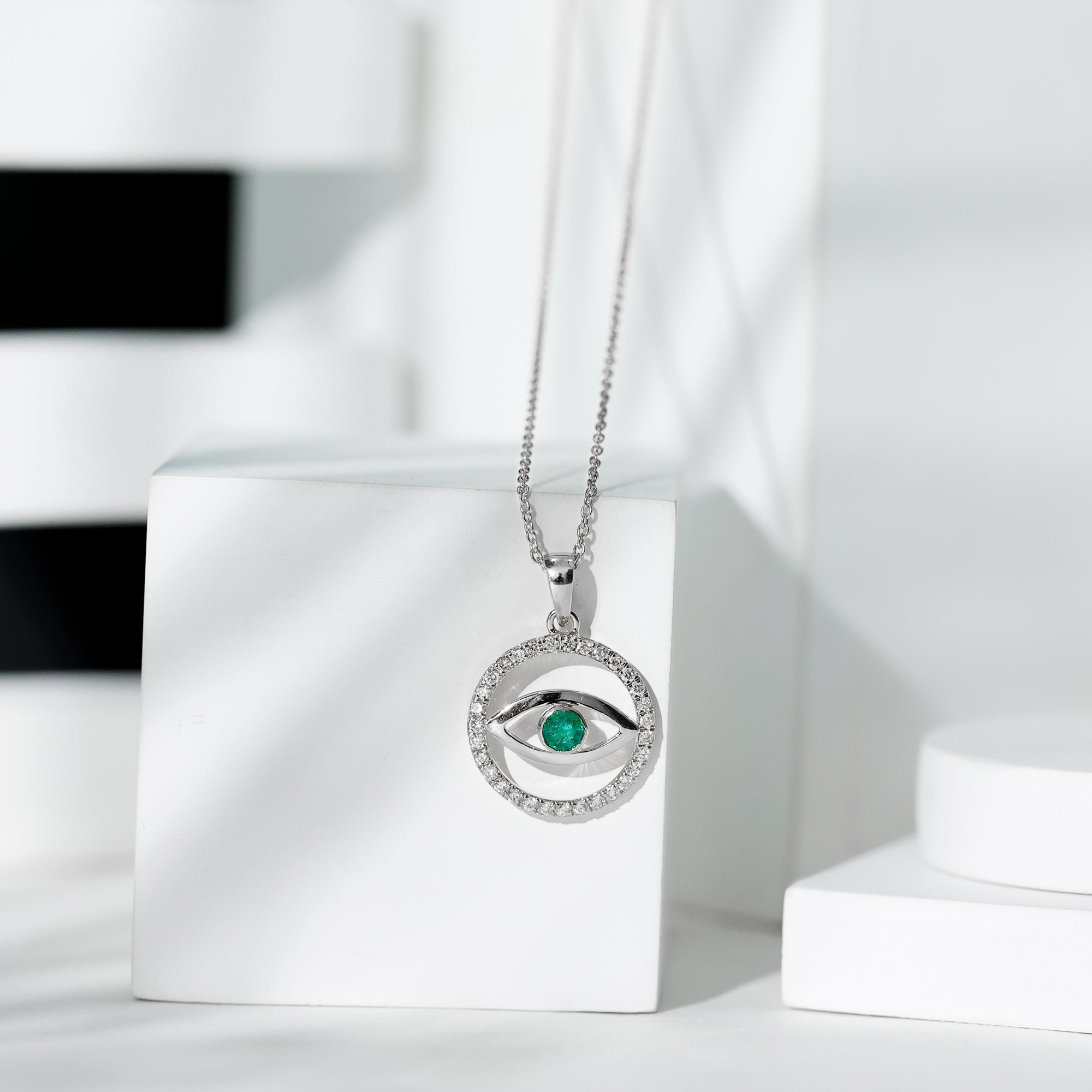 Real Emerald and Diamond Evil Eye Pendant Necklace AAA - Rosec Jewels