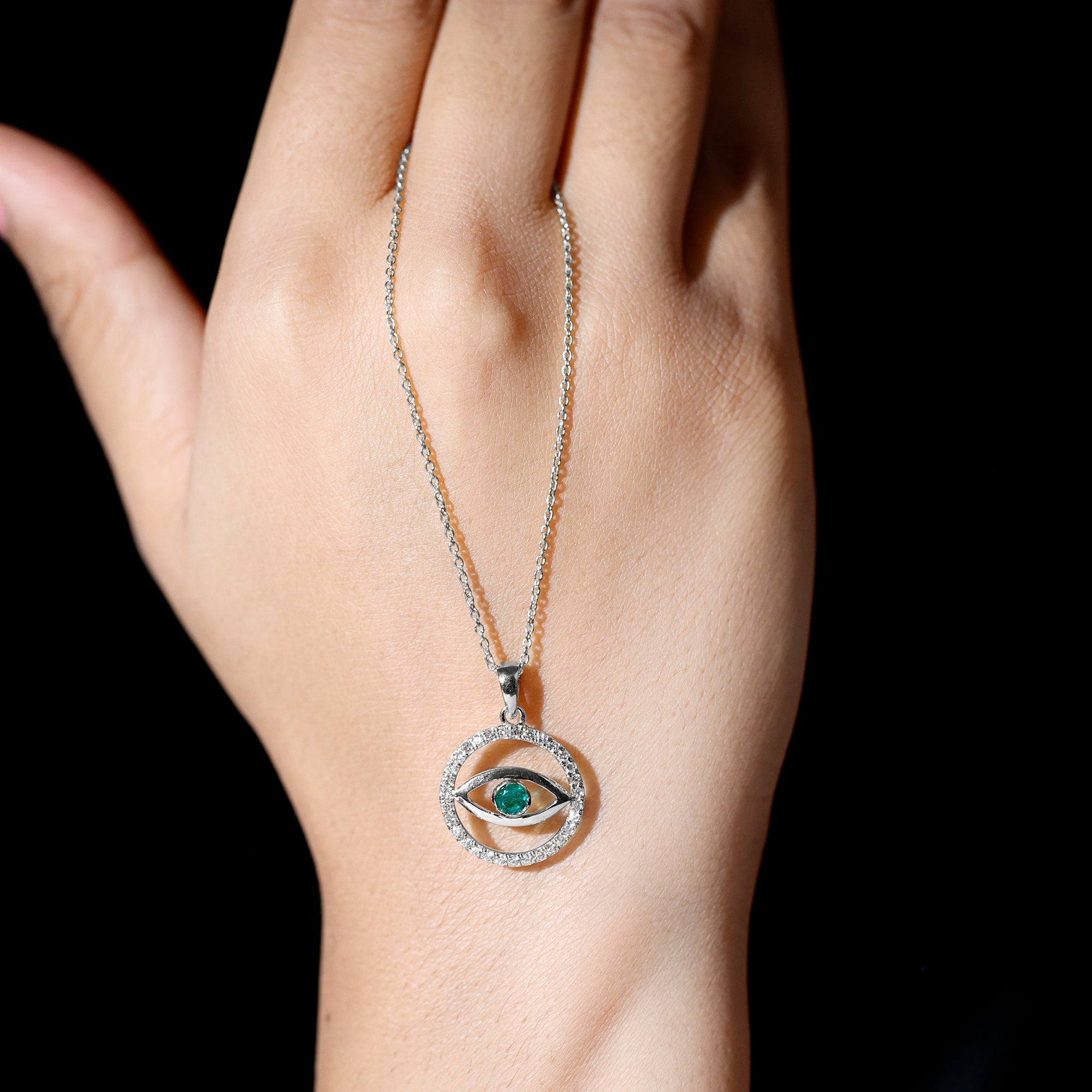 Real Emerald and Diamond Evil Eye Pendant Necklace AAA - Rosec Jewels