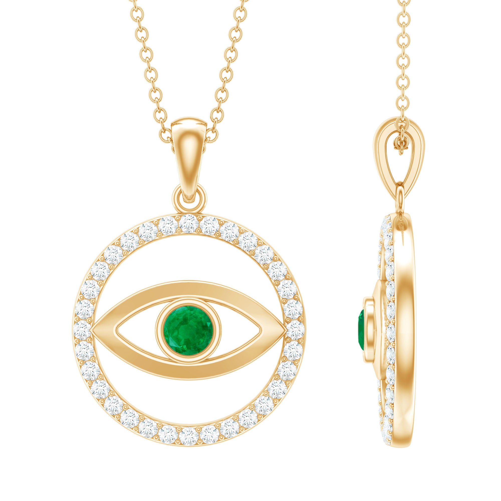 Real Emerald and Diamond Evil Eye Pendant Necklace AAA - Rosec Jewels