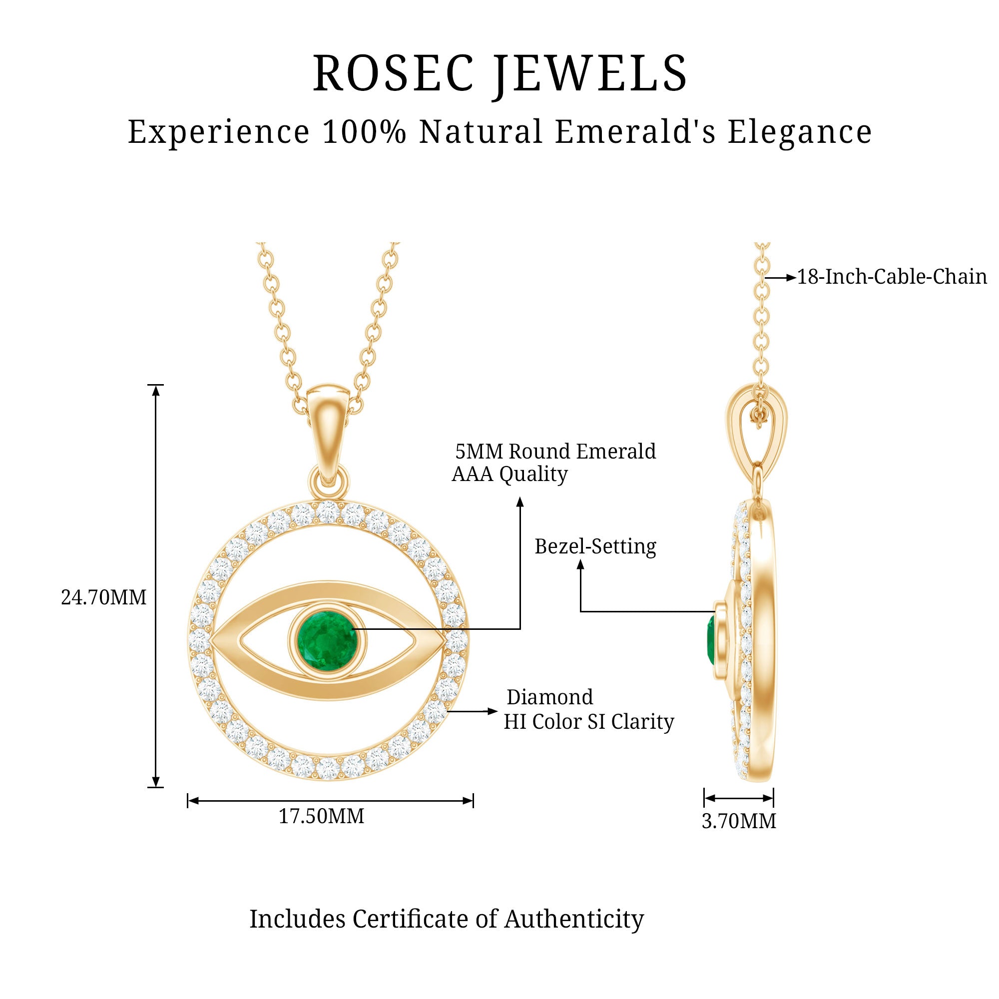Real Emerald and Diamond Evil Eye Pendant Necklace AAA - Rosec Jewels
