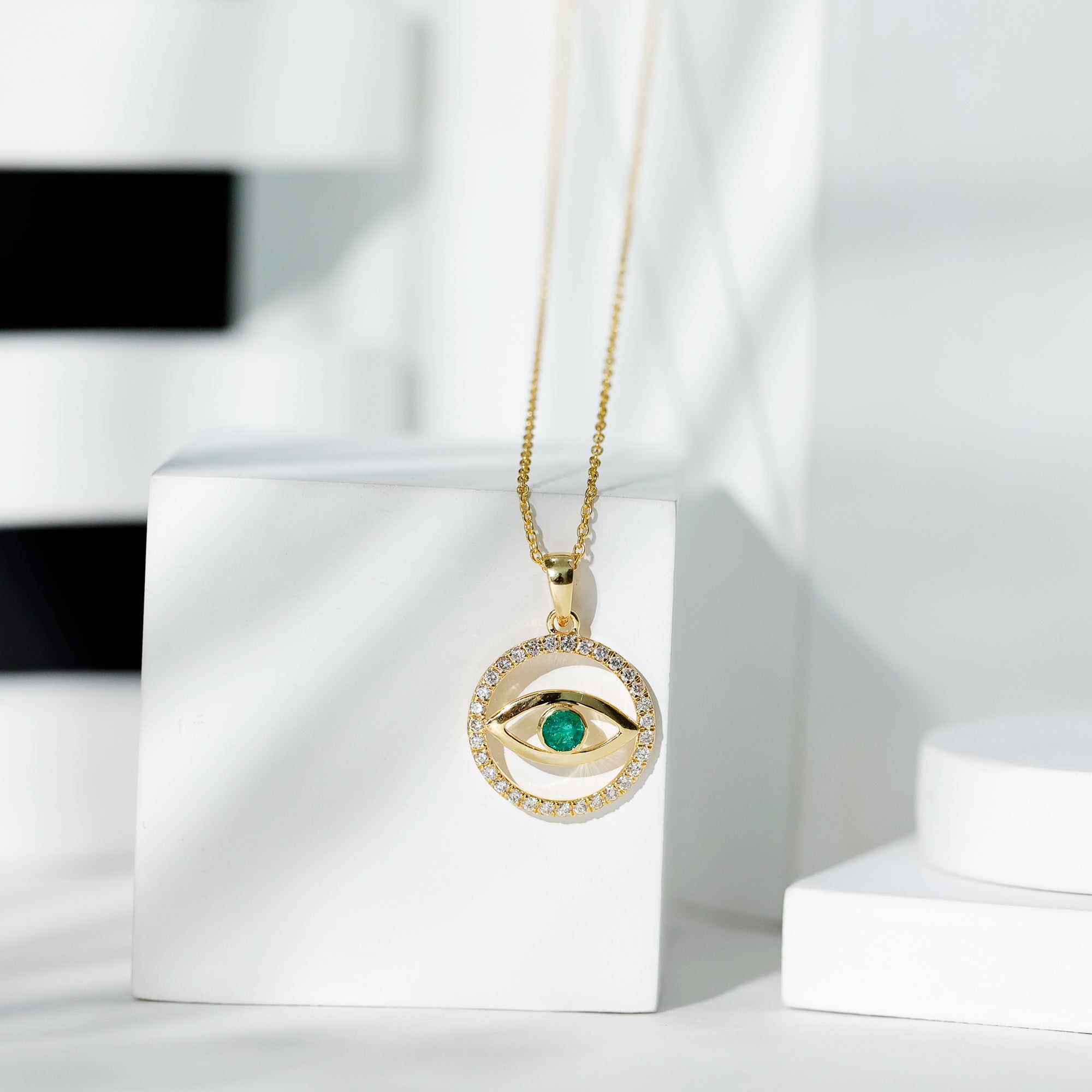 Real Emerald and Diamond Evil Eye Pendant Necklace AAA - Rosec Jewels