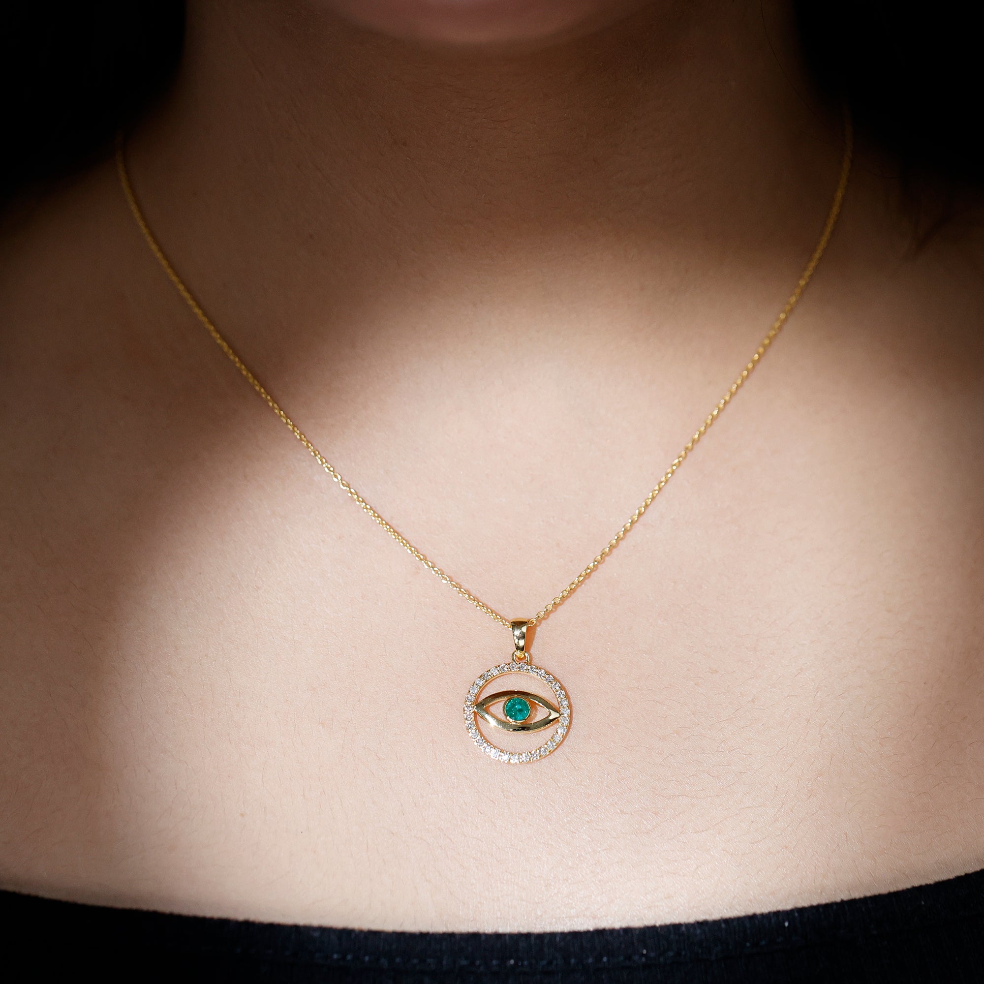 Real Emerald and Diamond Evil Eye Pendant Necklace AAA - Rosec Jewels