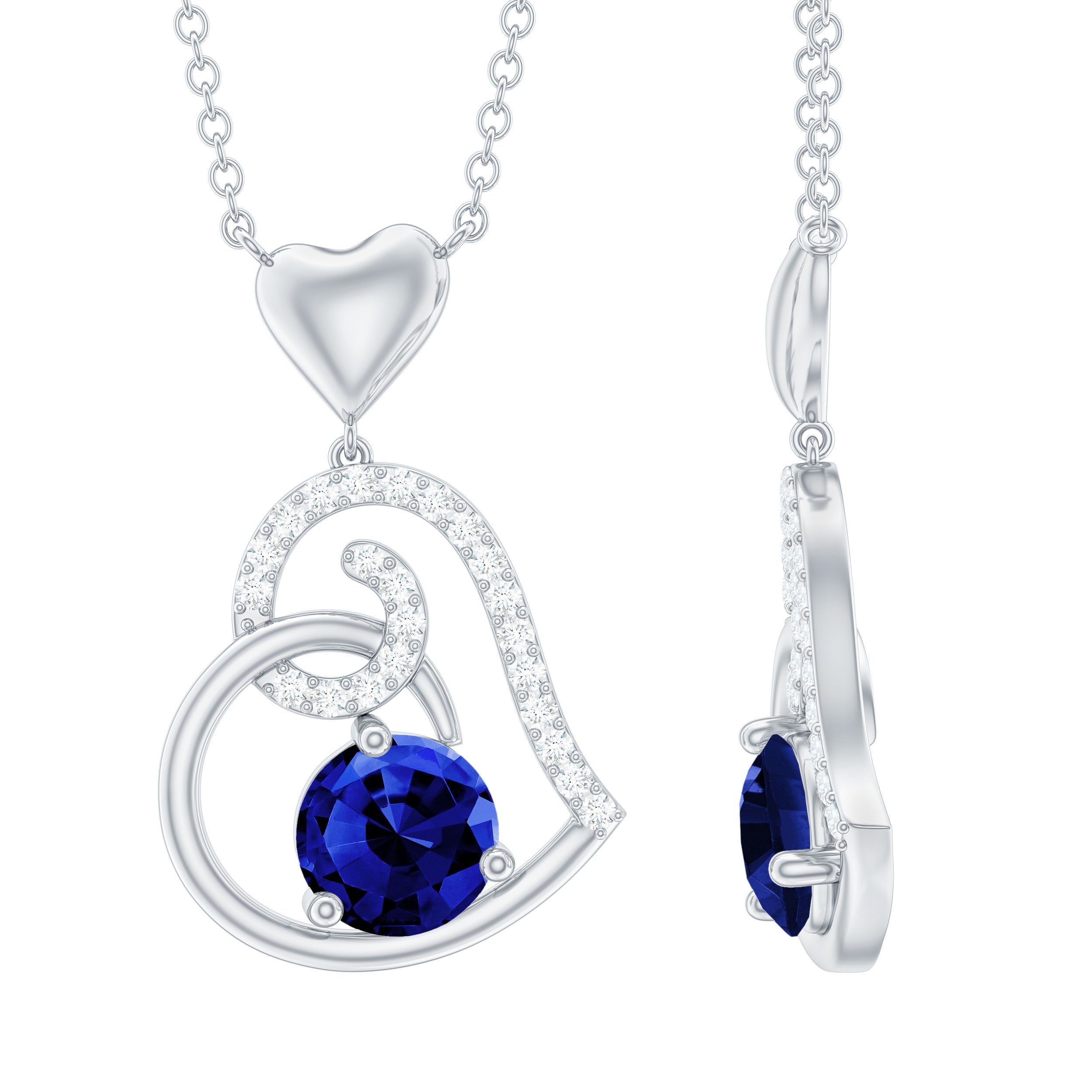 1.25 CT Created Blue Sapphire and Diamond Heart Drop Pendant