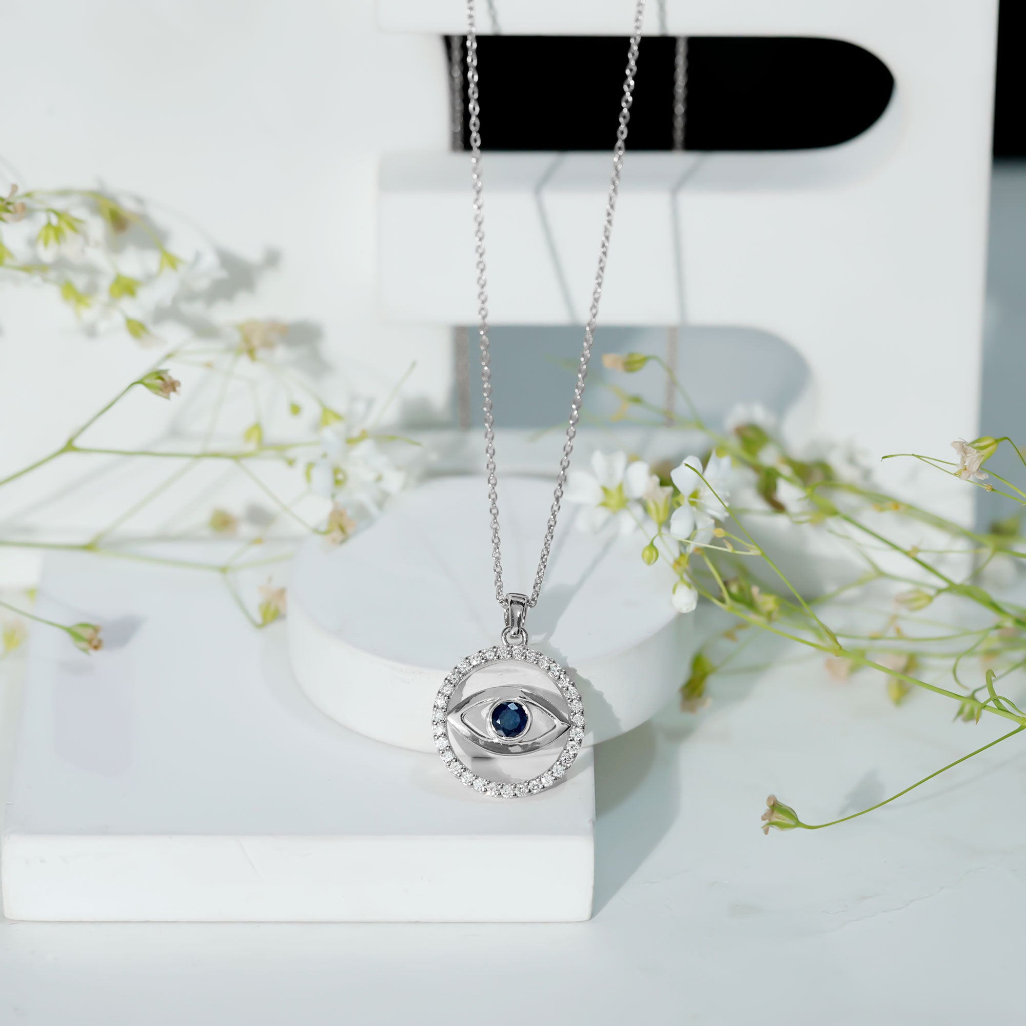 Blue Sapphire and Diamond Evil Eye Eternity Necklace AAA - Rosec Jewels