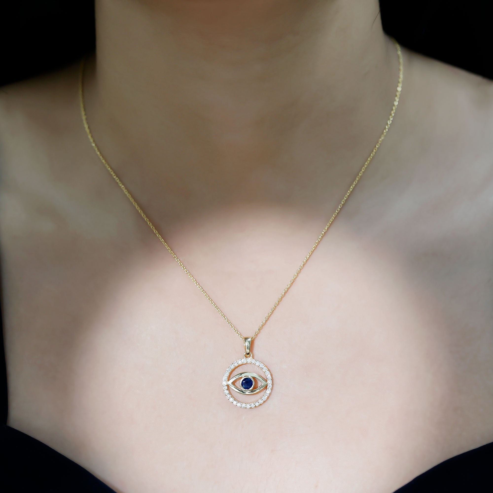 Blue Sapphire and Diamond Evil Eye Eternity Necklace AAA - Rosec Jewels