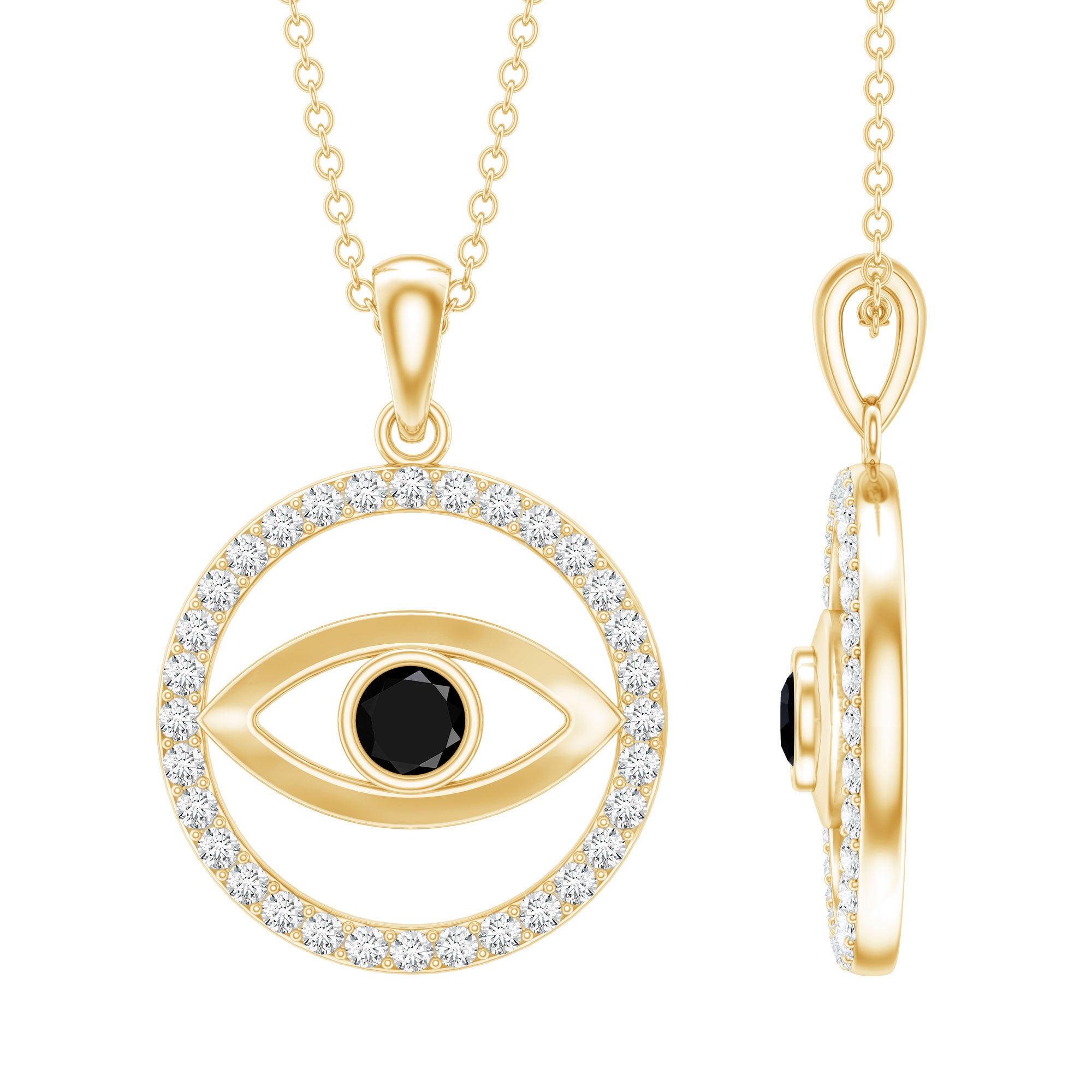 Black Onyx Evil Eye Pendant with Moissanite Eternity Circle AAA - Rosec Jewels