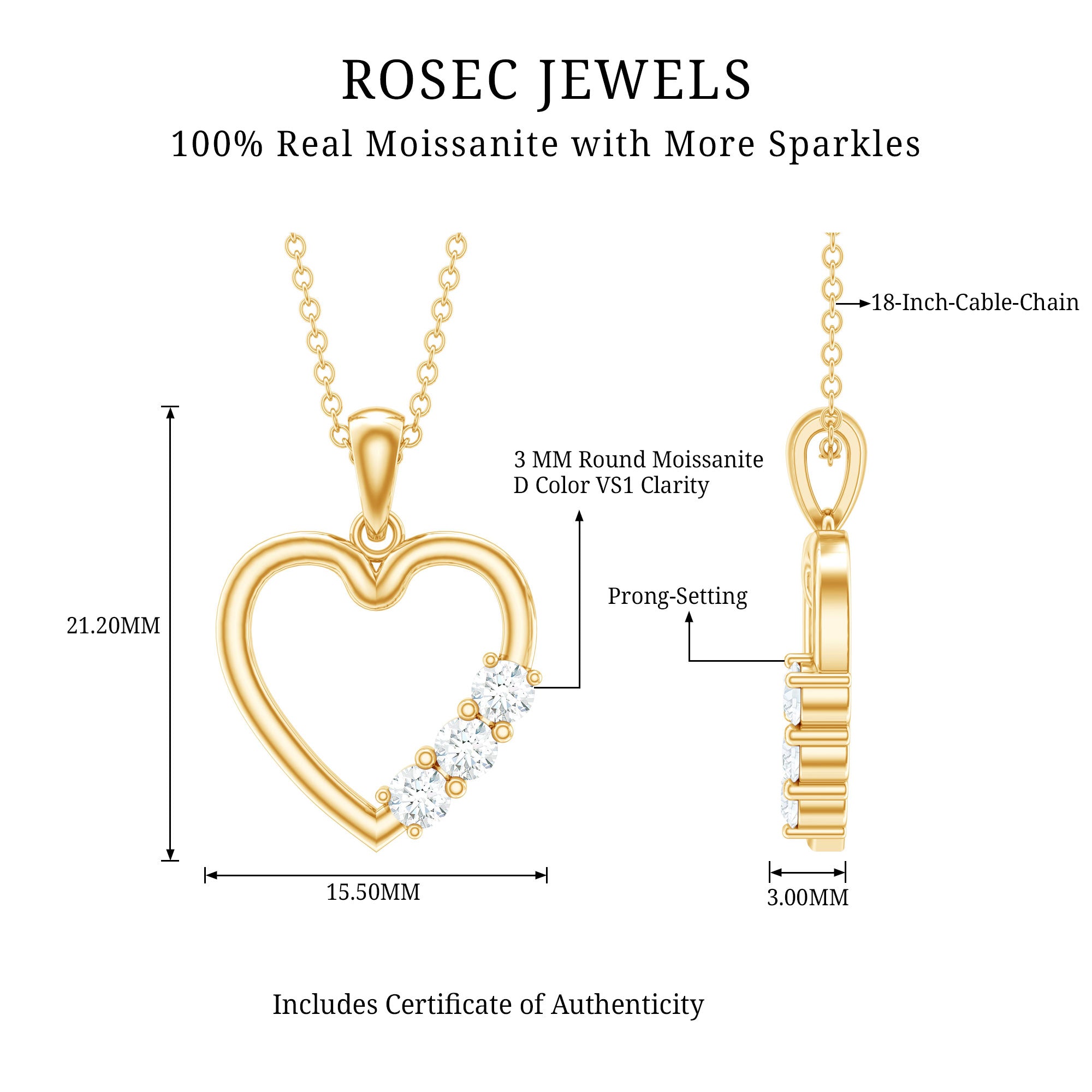 Simple Moissanite Open Heart Pendant Necklace D-VS1 - Rosec Jewels