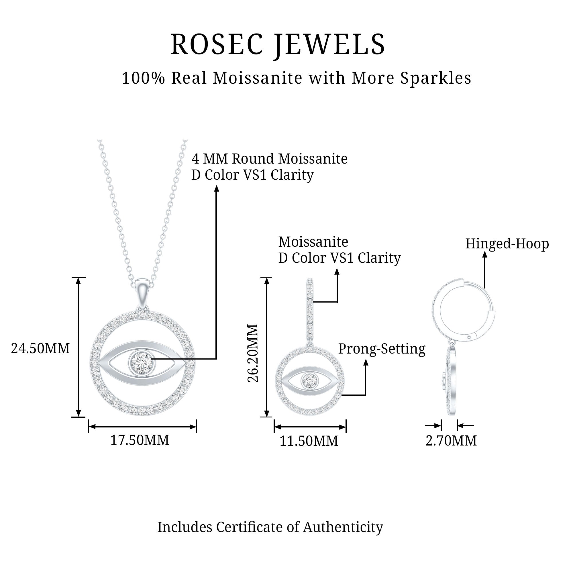 Certified Moissanite Evil Eye Necklace and Earrings Set D-VS1 - Rosec Jewels