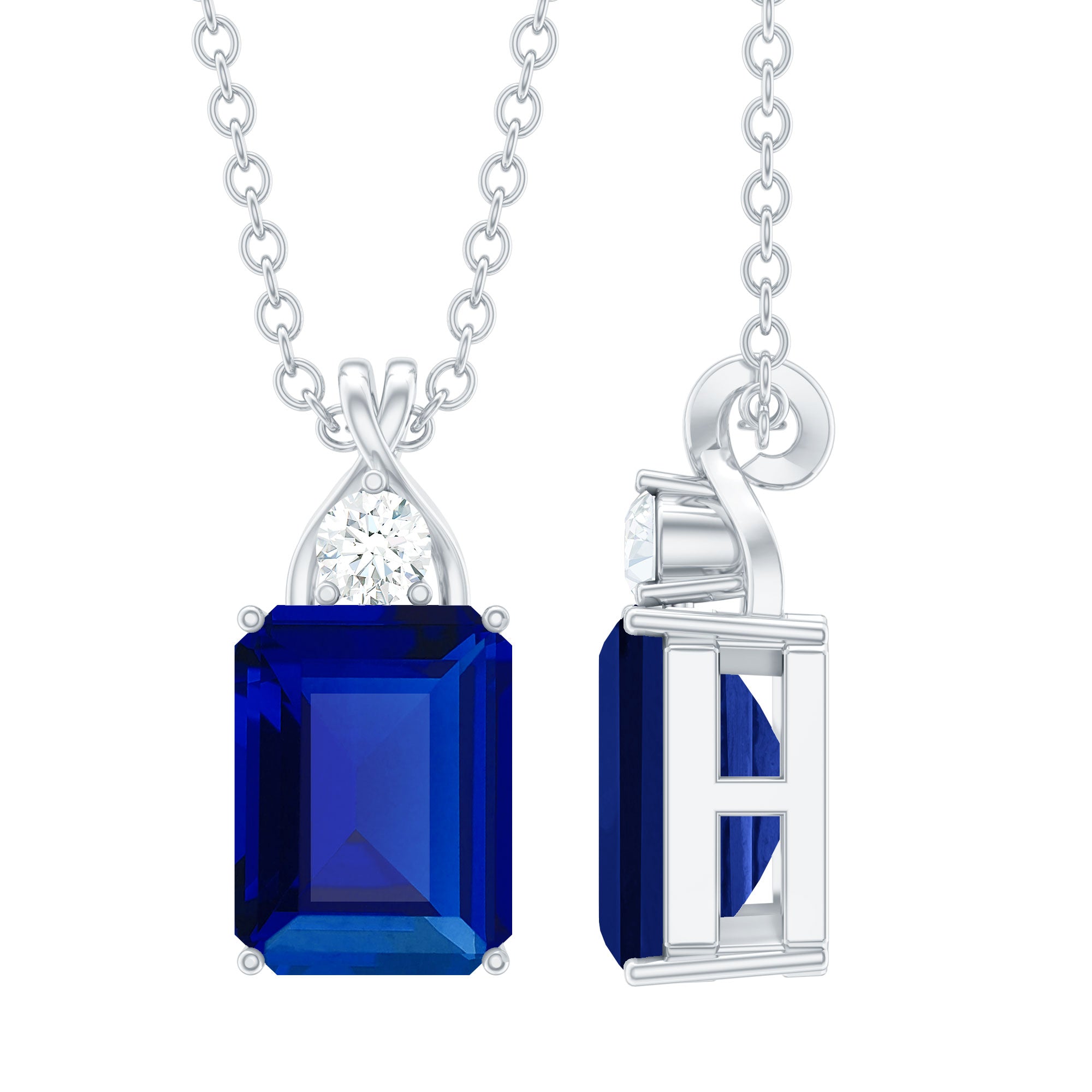 Certified Lab Created Blue Sapphire Emerald Cut Necklace with Chain AAAA - Rosec Jewels