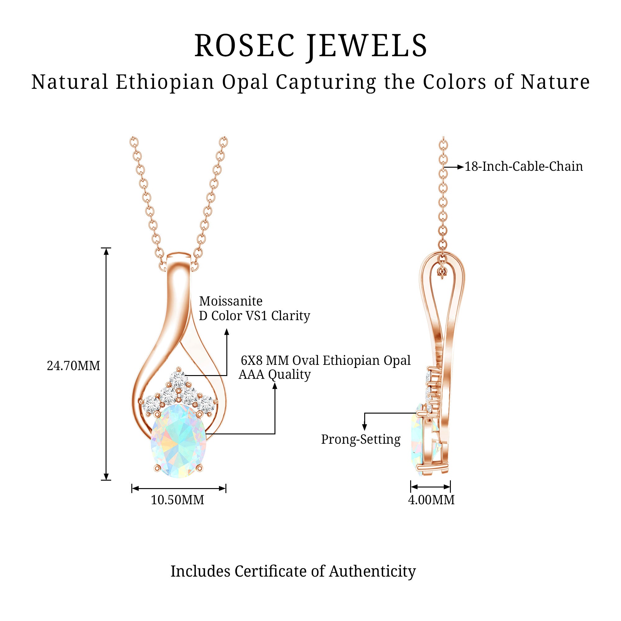 Natural Oval Ethiopian Opal and Moissanite Teardrop Necklace With Chain AAA - Rosec Jewels