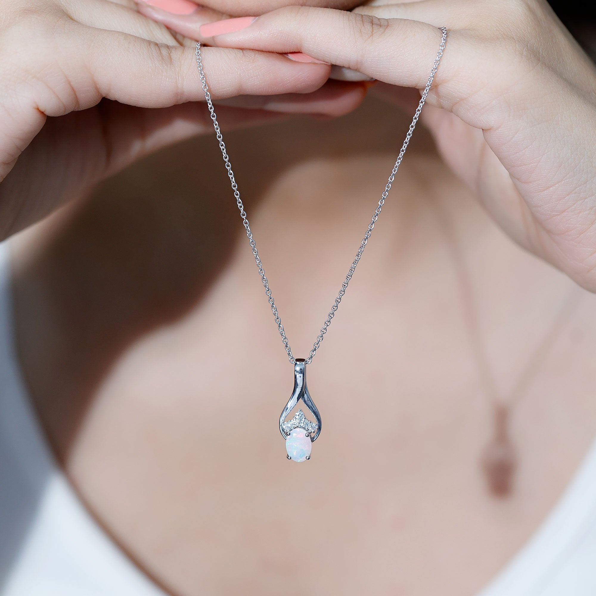 Natural Oval Ethiopian Opal and Moissanite Teardrop Necklace With Chain AAA - Rosec Jewels