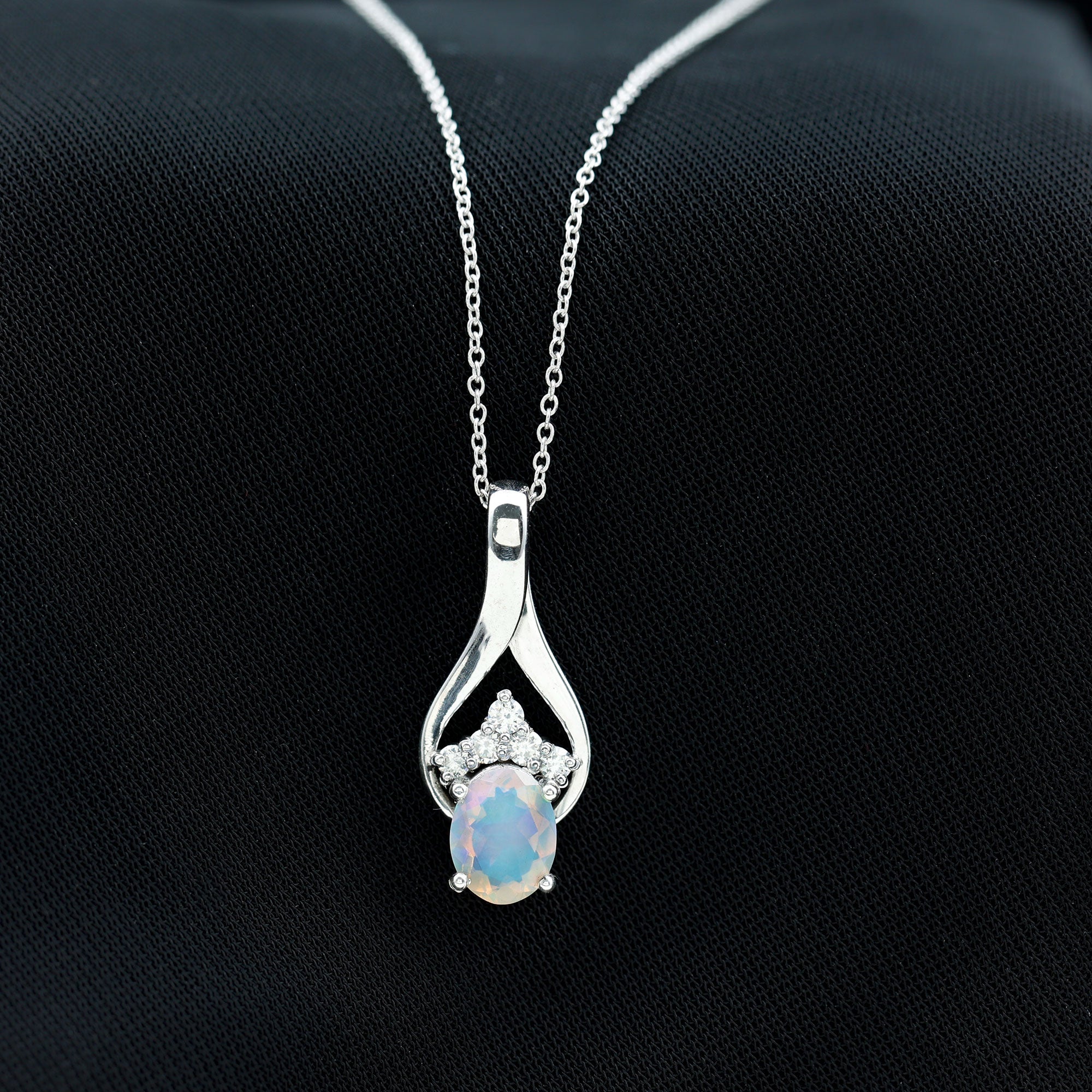 Natural Oval Ethiopian Opal and Moissanite Teardrop Necklace With Chain AAA - Rosec Jewels