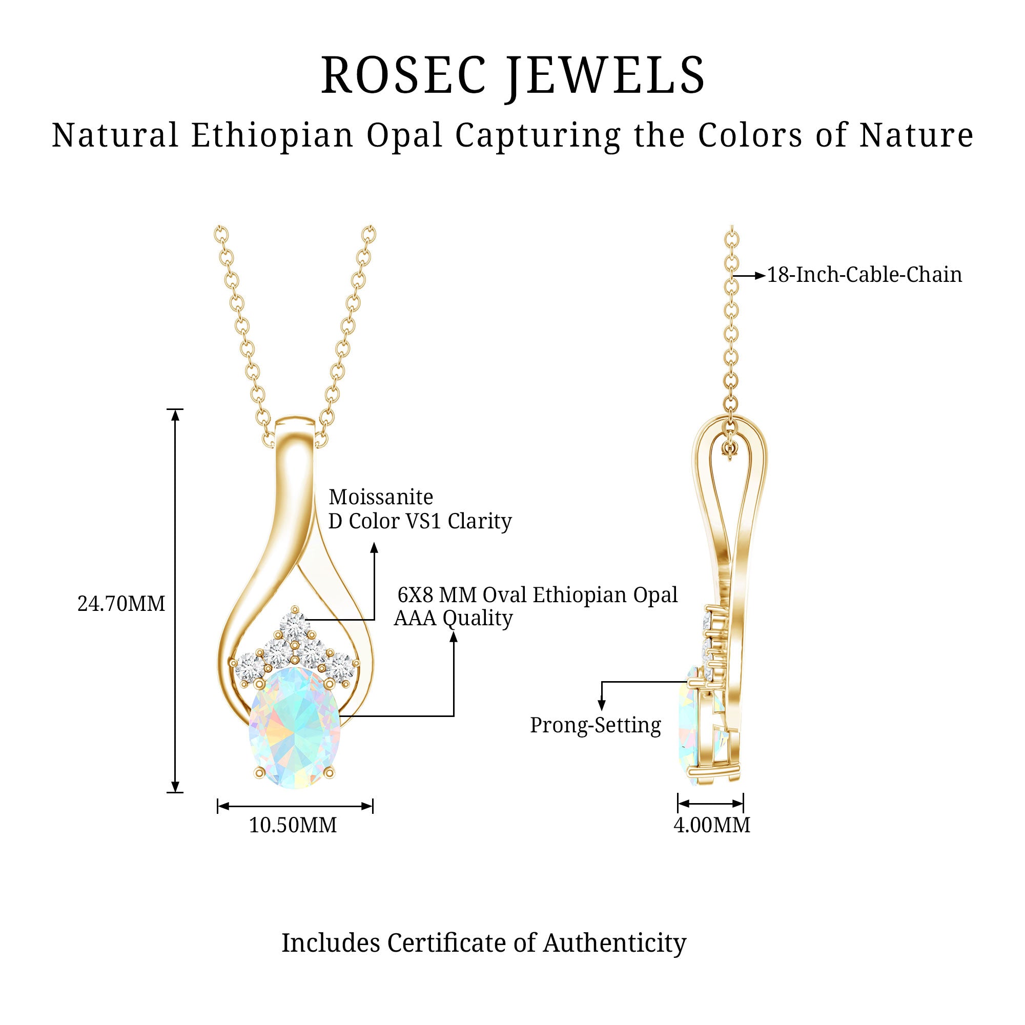 Natural Oval Ethiopian Opal and Moissanite Teardrop Necklace With Chain AAA - Rosec Jewels