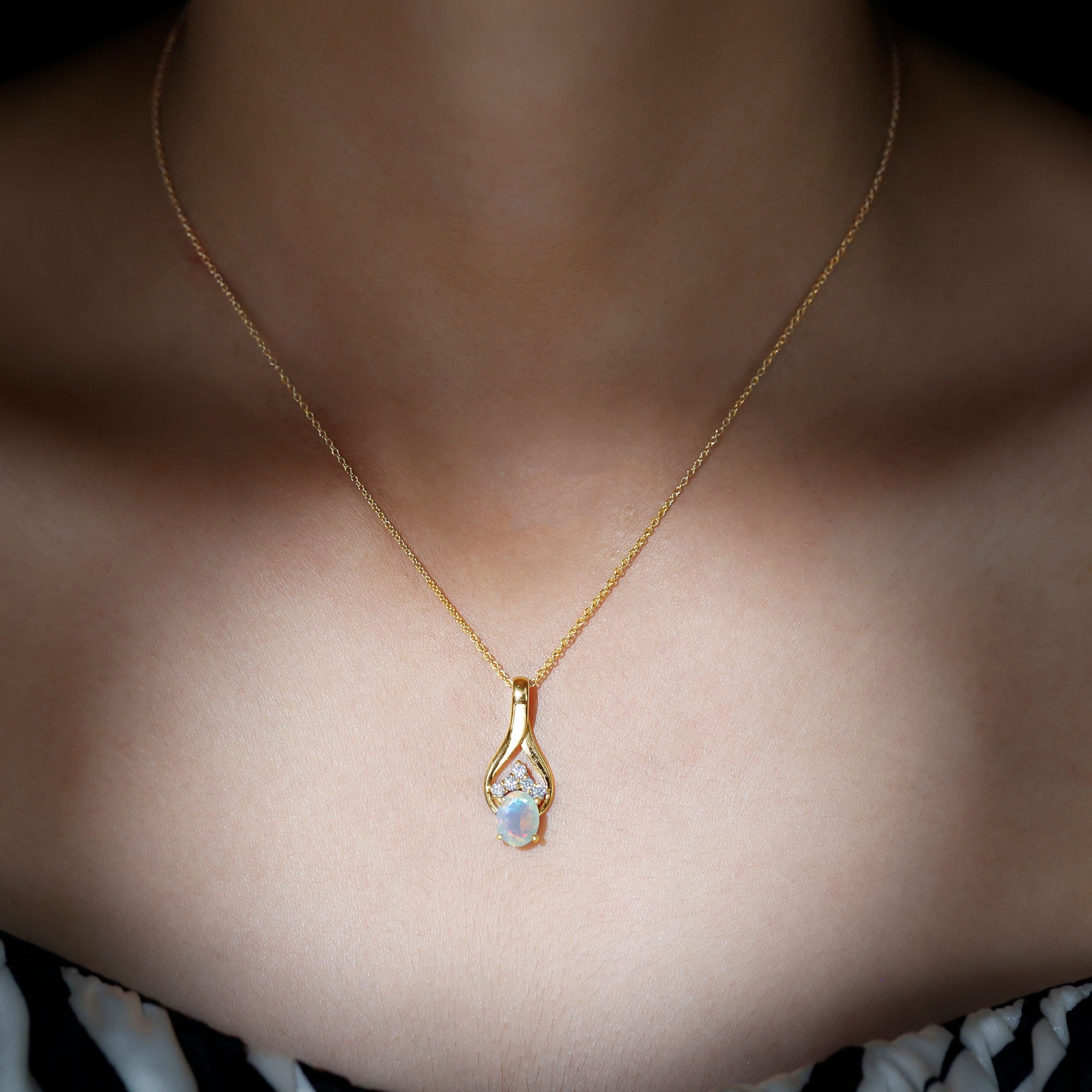 Natural Oval Ethiopian Opal and Moissanite Teardrop Necklace With Chain AAA - Rosec Jewels