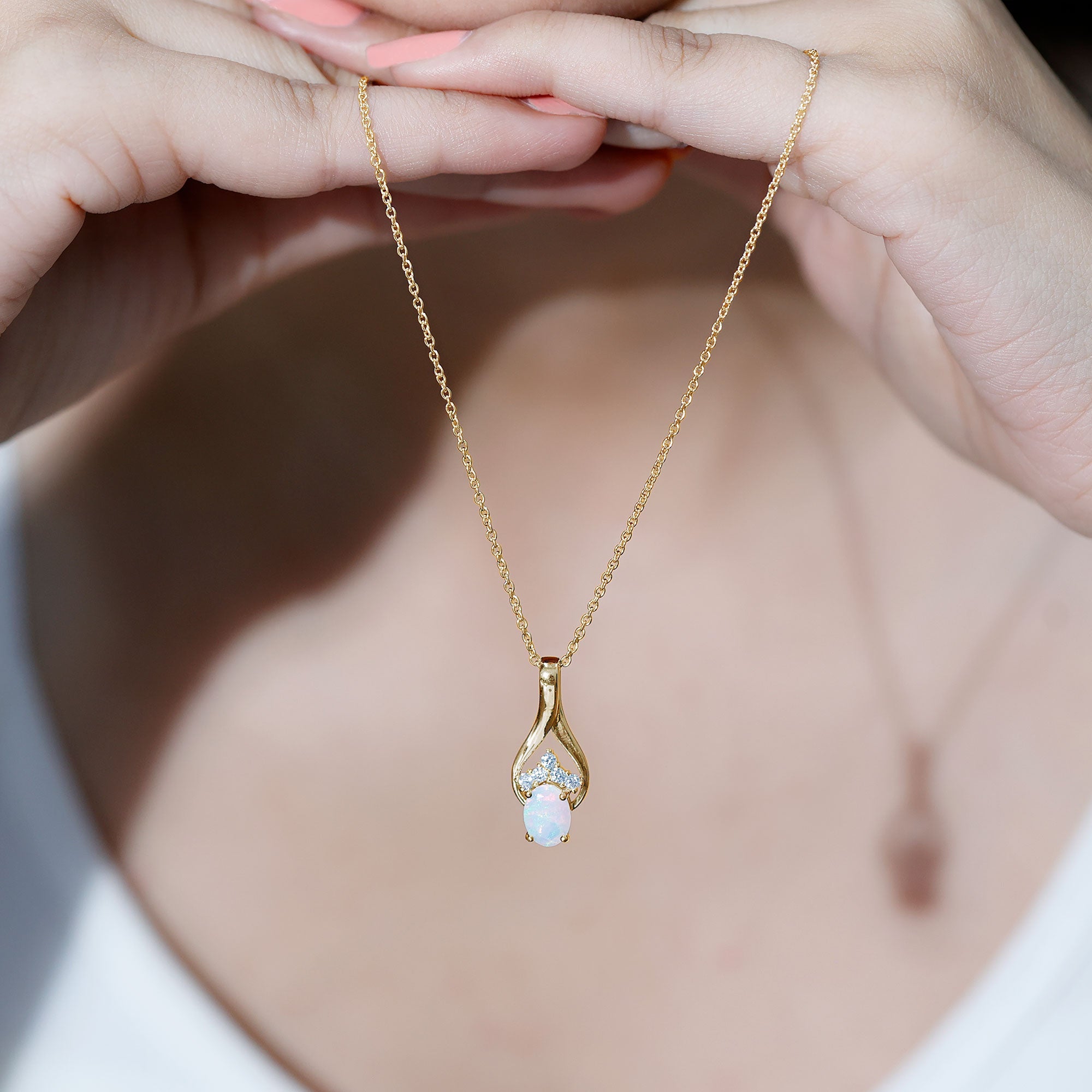 Natural Oval Ethiopian Opal and Moissanite Teardrop Necklace With Chain AAA - Rosec Jewels
