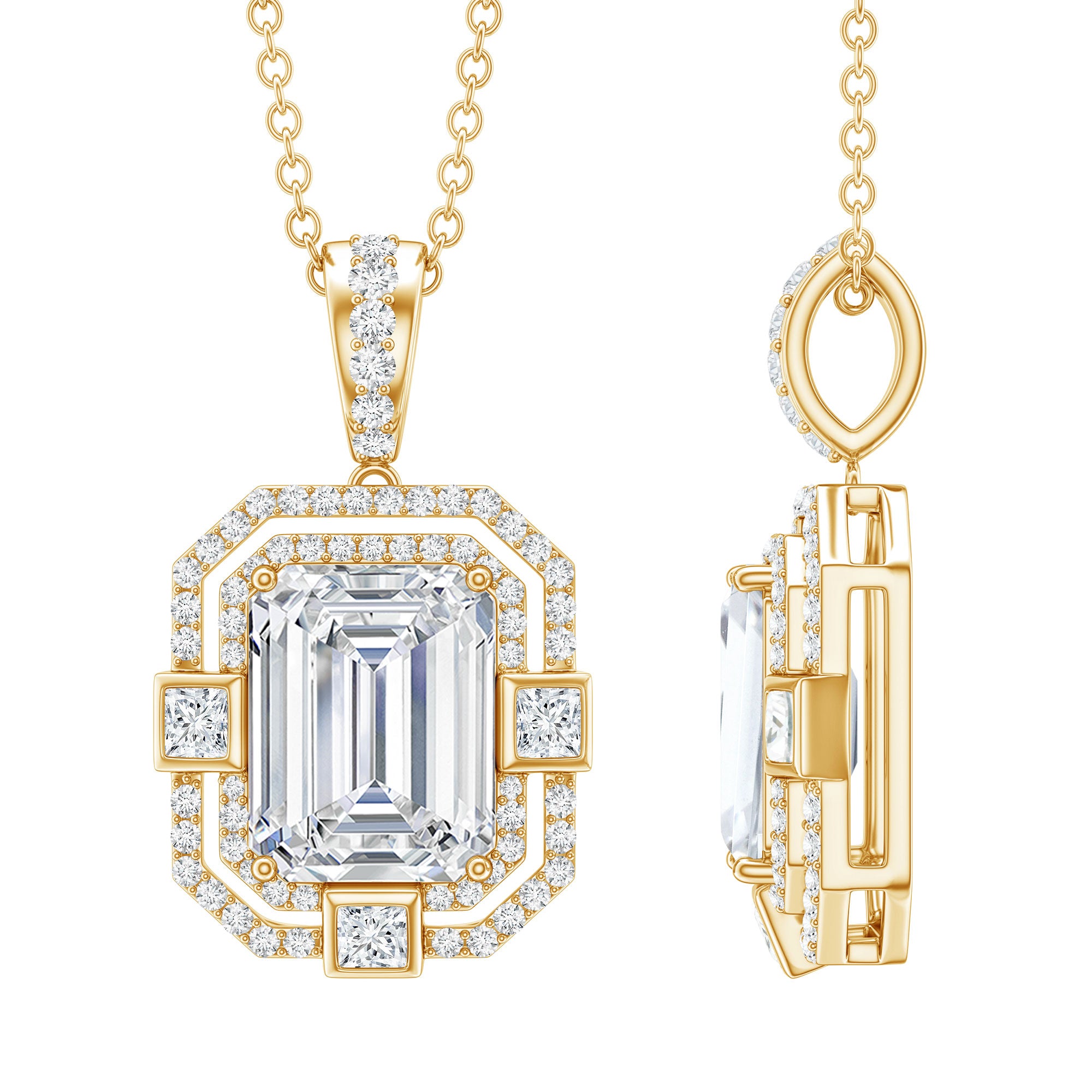 Vintage Style Emerald Cut Moissanite Halo Pendant Necklace D-VS1 - Rosec Jewels