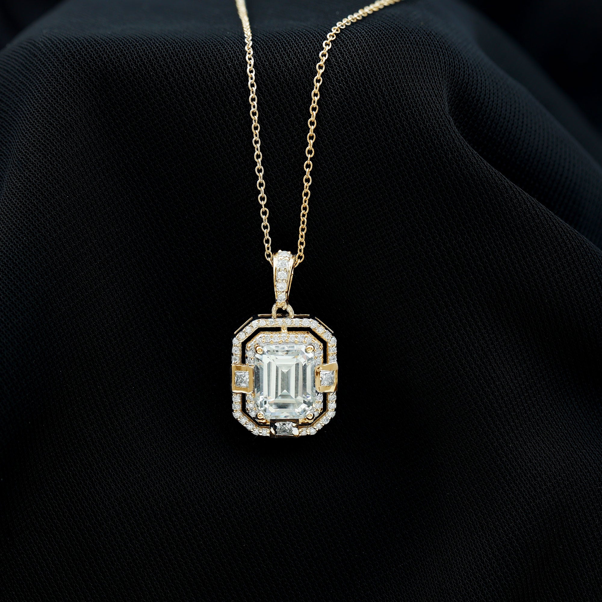 Vintage Style Emerald Cut Moissanite Halo Pendant Necklace D-VS1 - Rosec Jewels