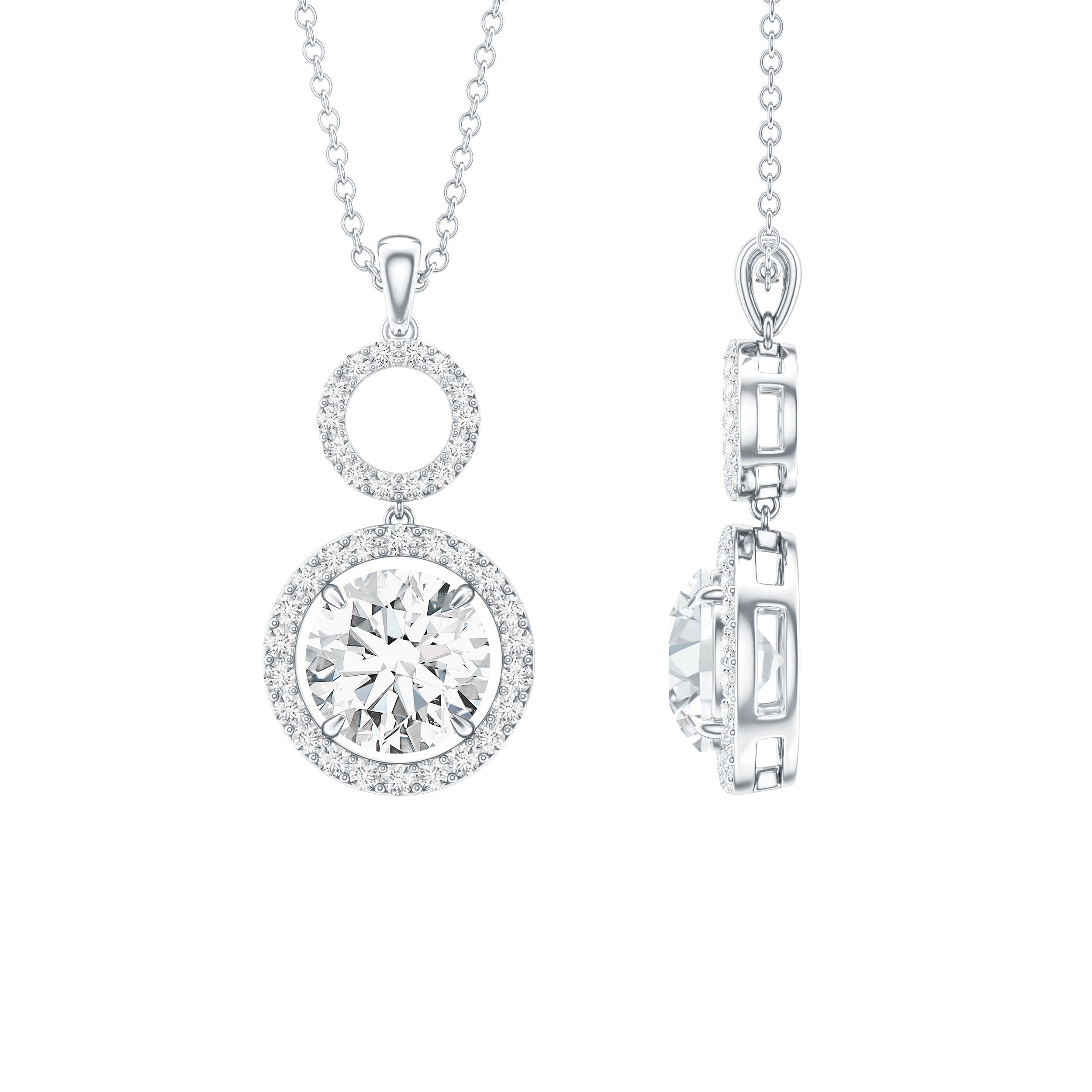2 Carat Round Moissanite Wedding Dangle Necklace with Halo D-VS1 - Rosec Jewels