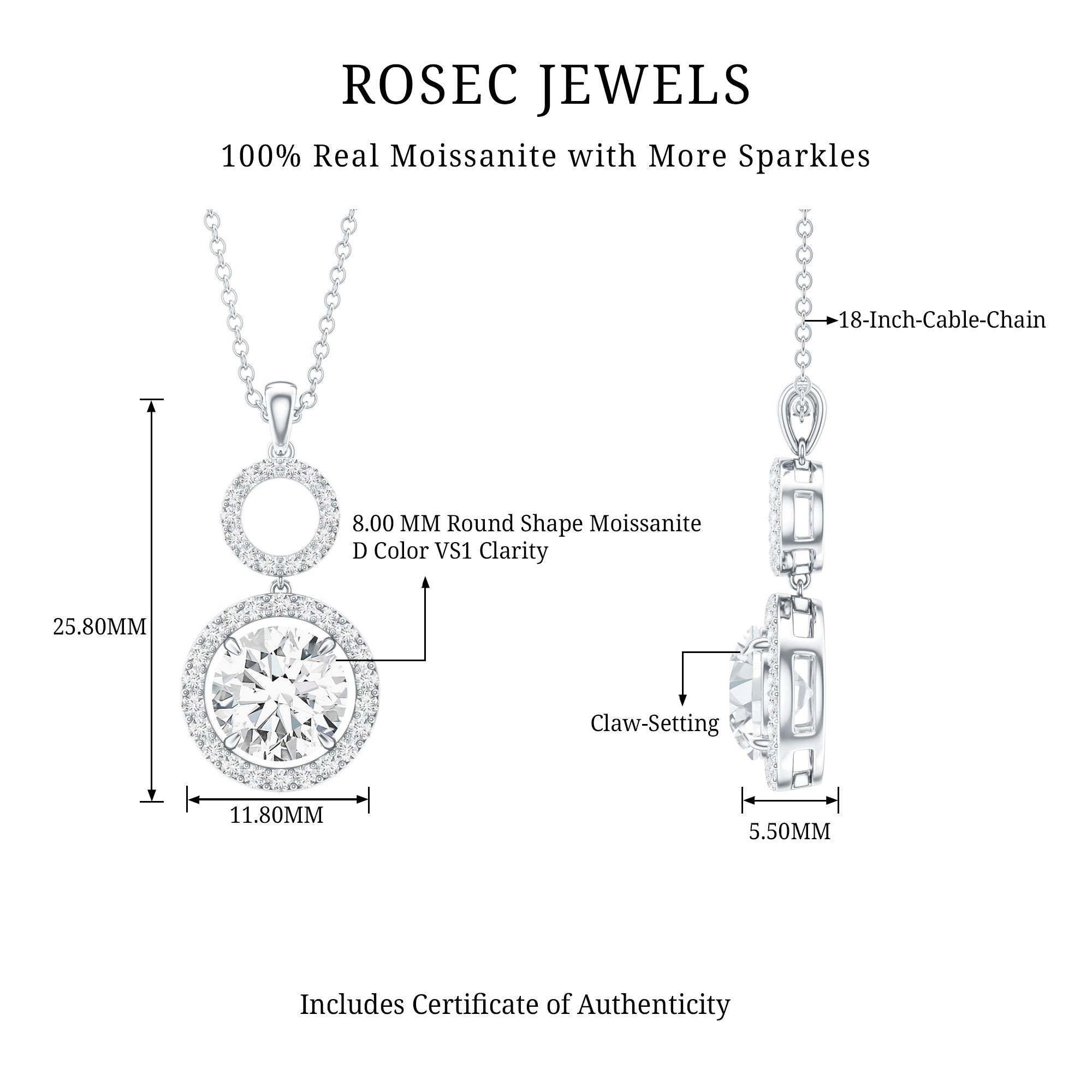2 Carat Round Moissanite Wedding Dangle Necklace with Halo D-VS1 - Rosec Jewels