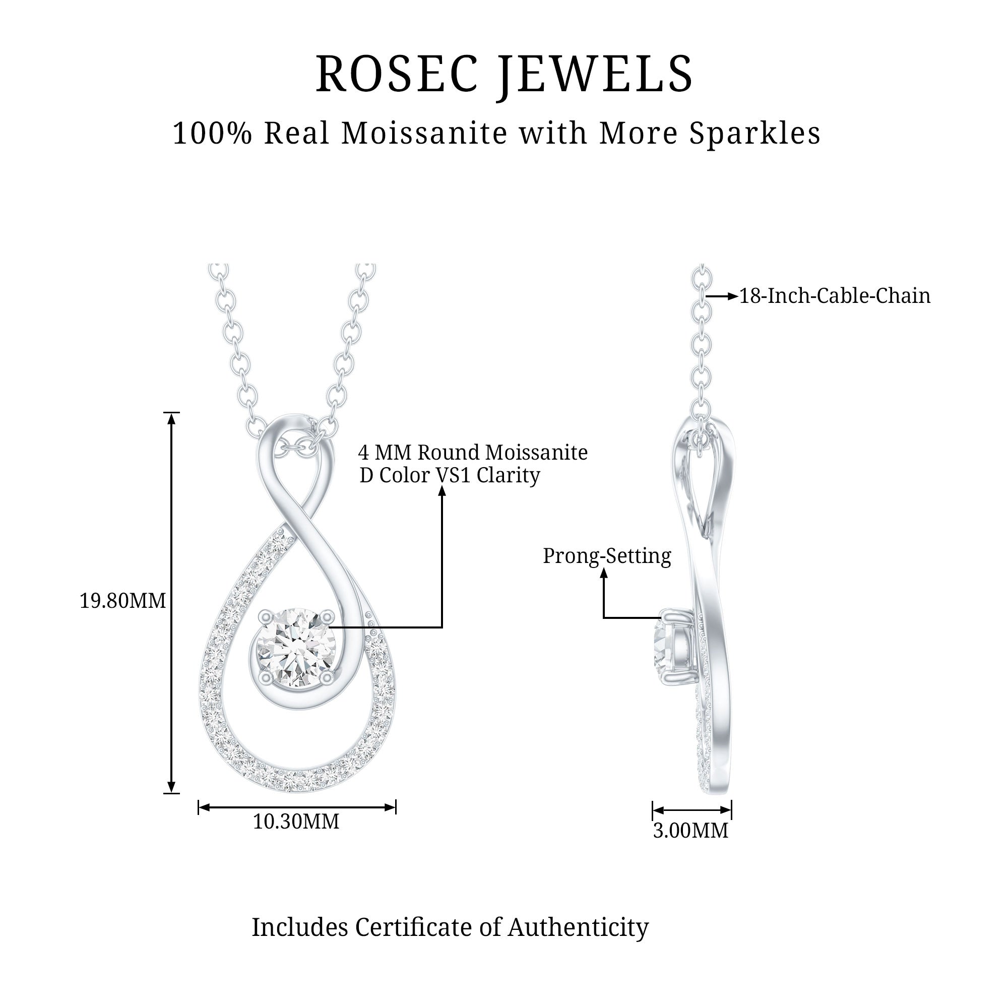 Certified Moissanite Infinity Pendant Necklace for Women D-VS1 - Rosec Jewels