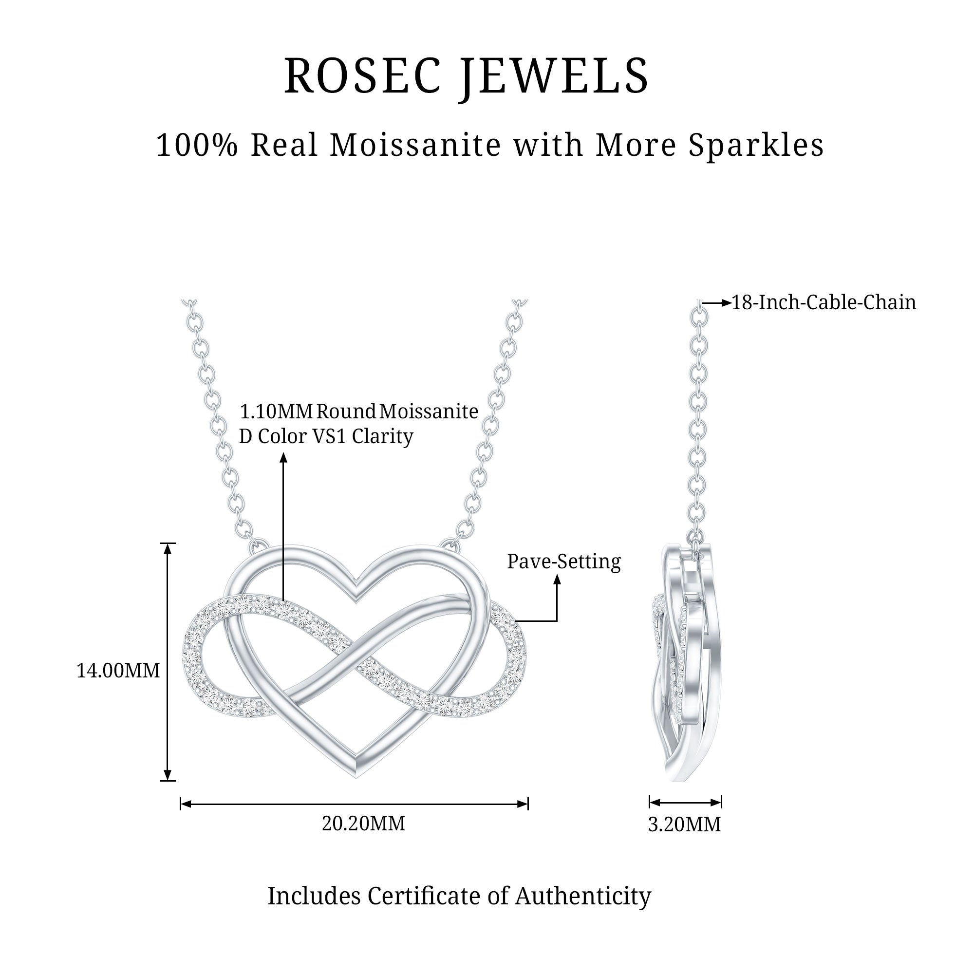 Certified Moissanite Infinity Heart Necklace D-VS1 - Rosec Jewels
