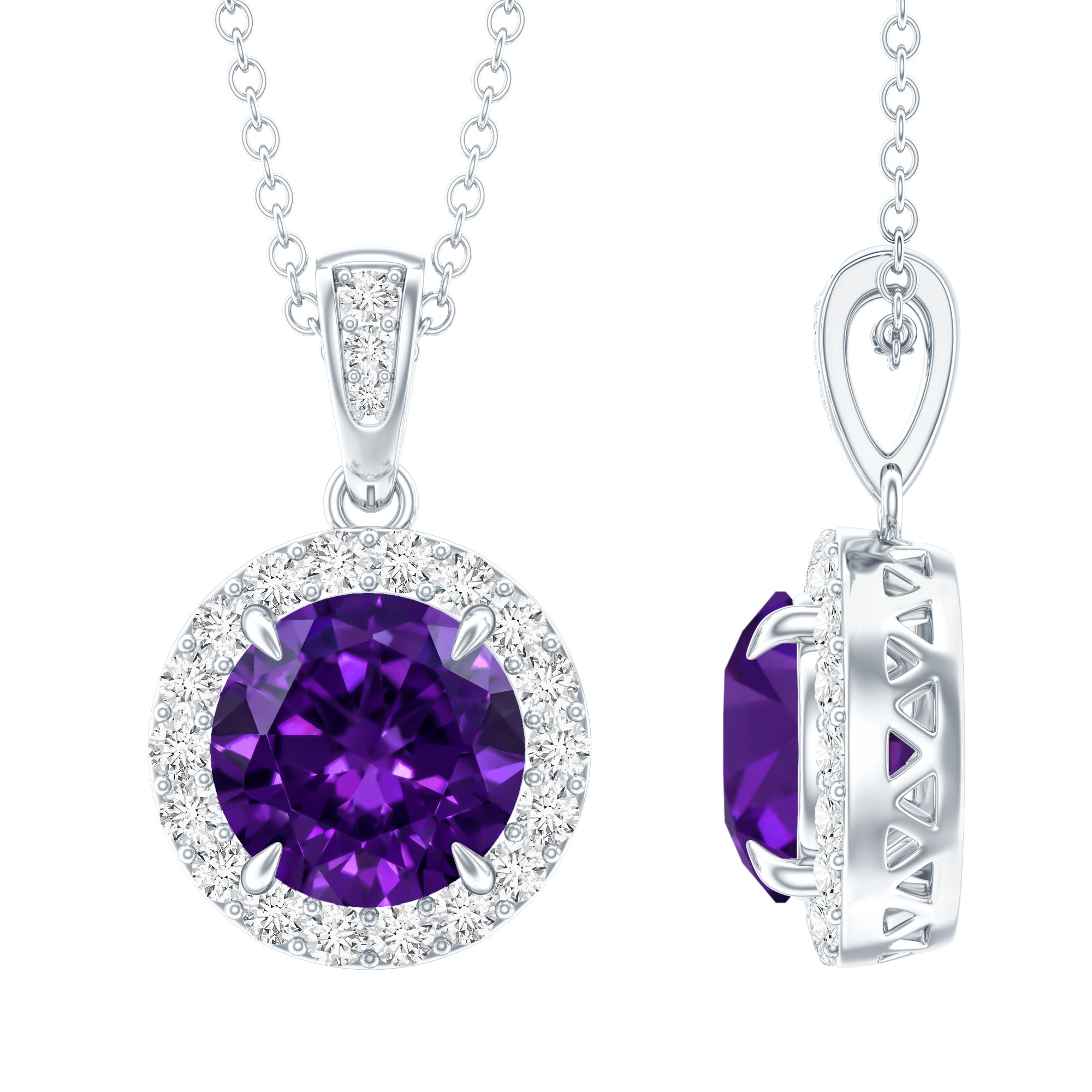 Natural 2 Carat Amethyst Pendant Necklace with Diamond Halo AAA - Rosec Jewels