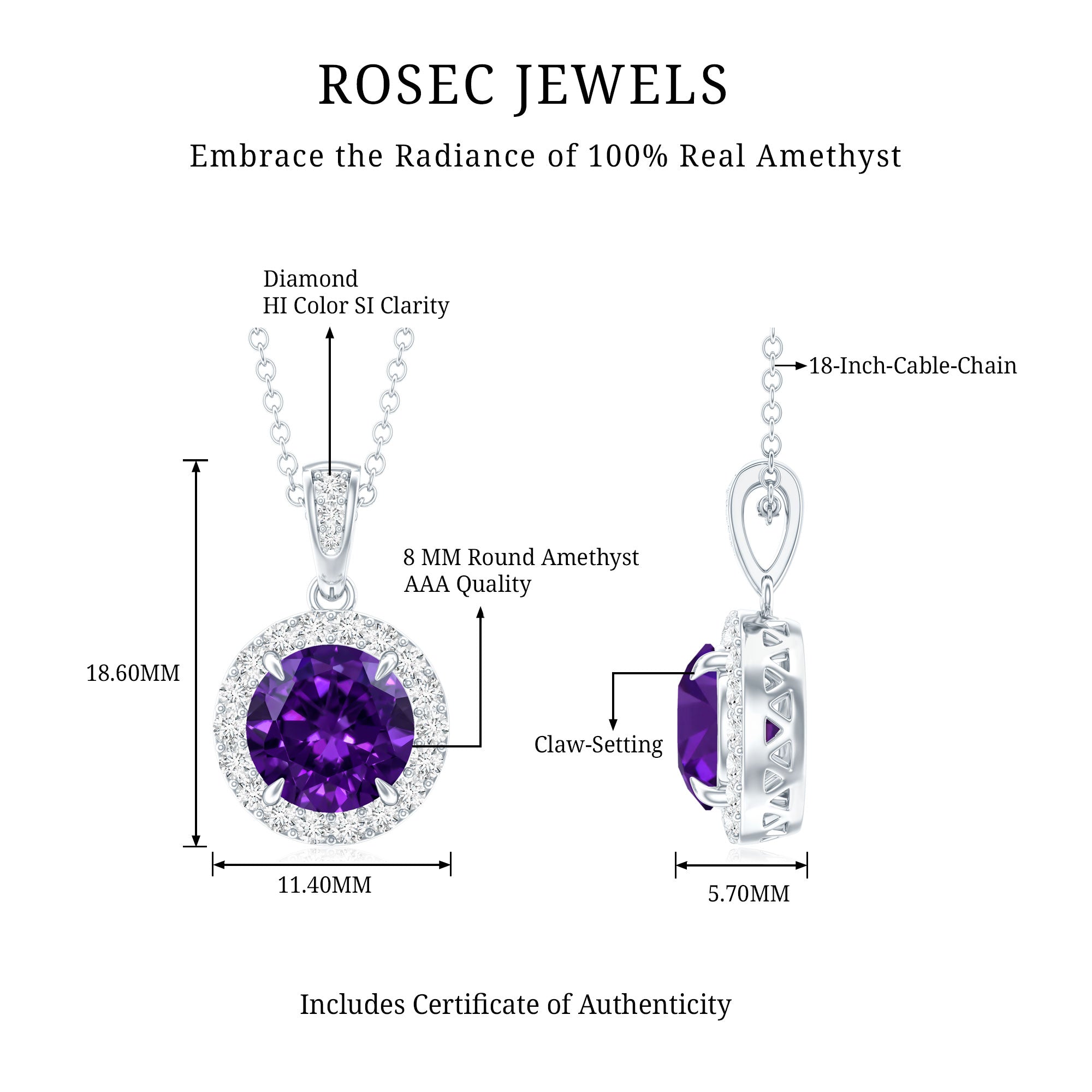 Natural 2 Carat Amethyst Pendant Necklace with Diamond Halo AAA - Rosec Jewels
