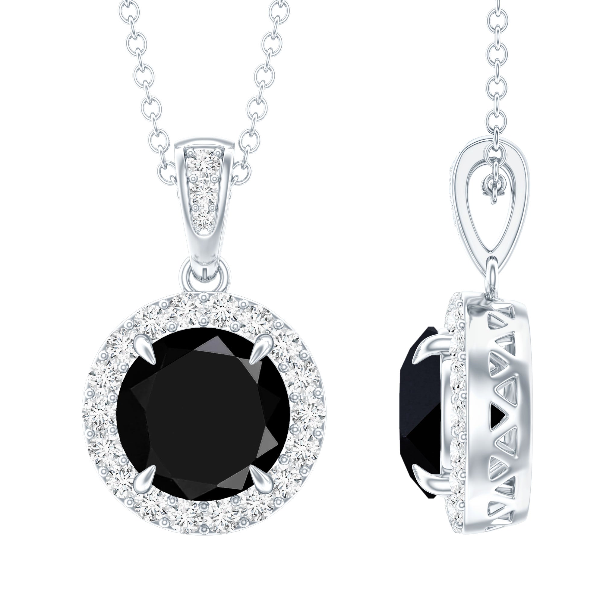 Real 2 Carat Black Onyx Pendant Necklace with Diamond Halo AAA - Rosec Jewels