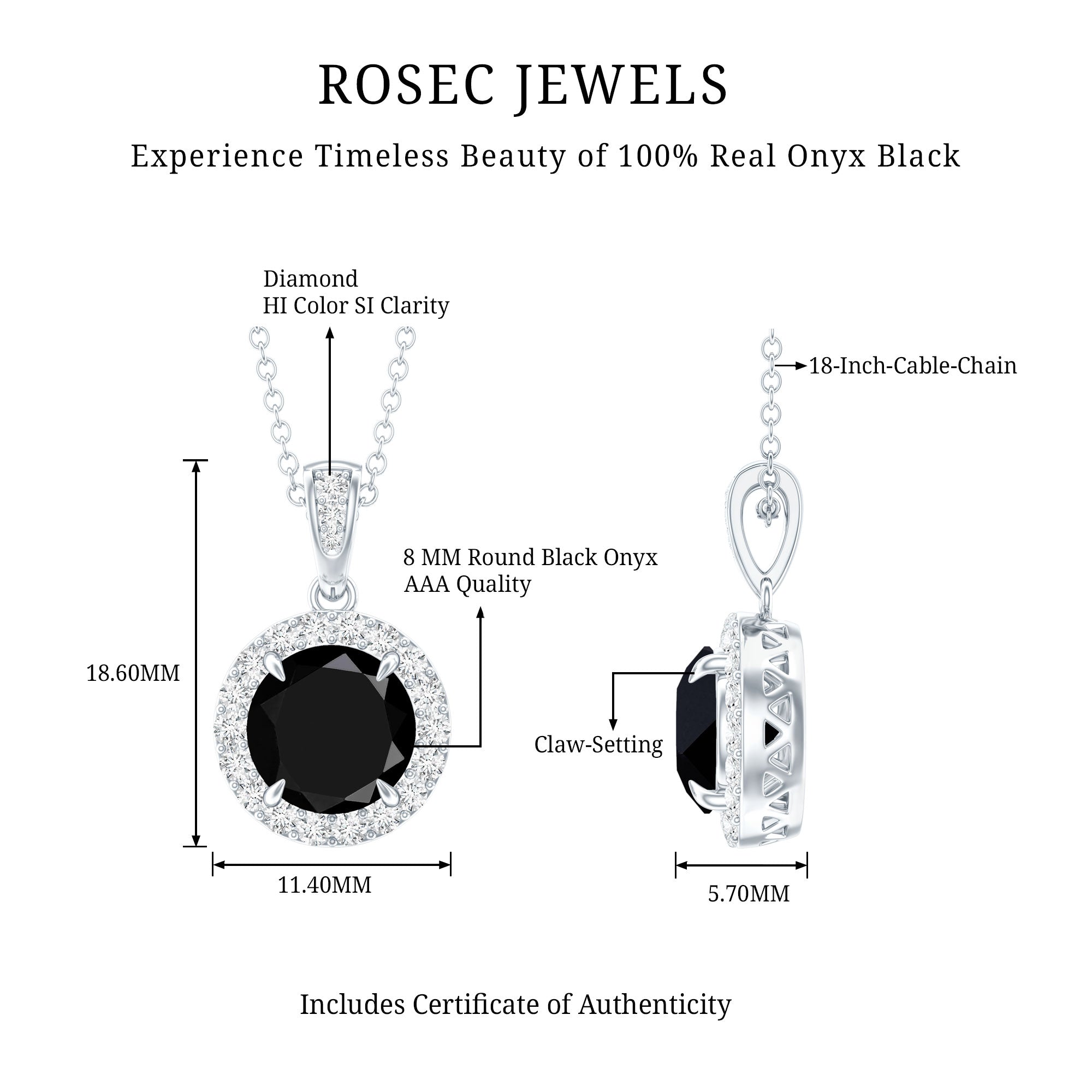 Real 2 Carat Black Onyx Pendant Necklace with Diamond Halo AAA - Rosec Jewels