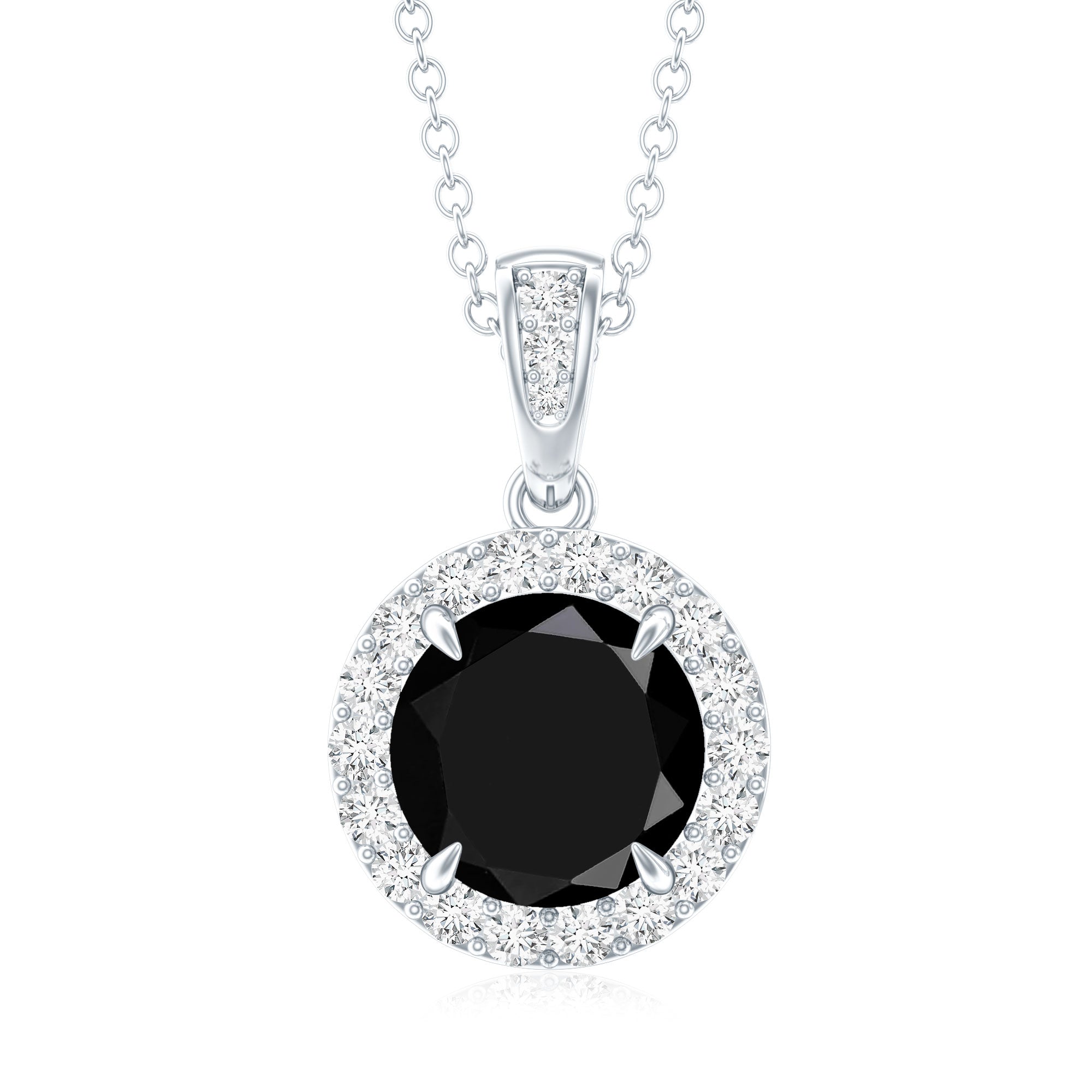 Real 2 Carat Black Onyx Pendant Necklace with Diamond Halo AAA - Rosec Jewels