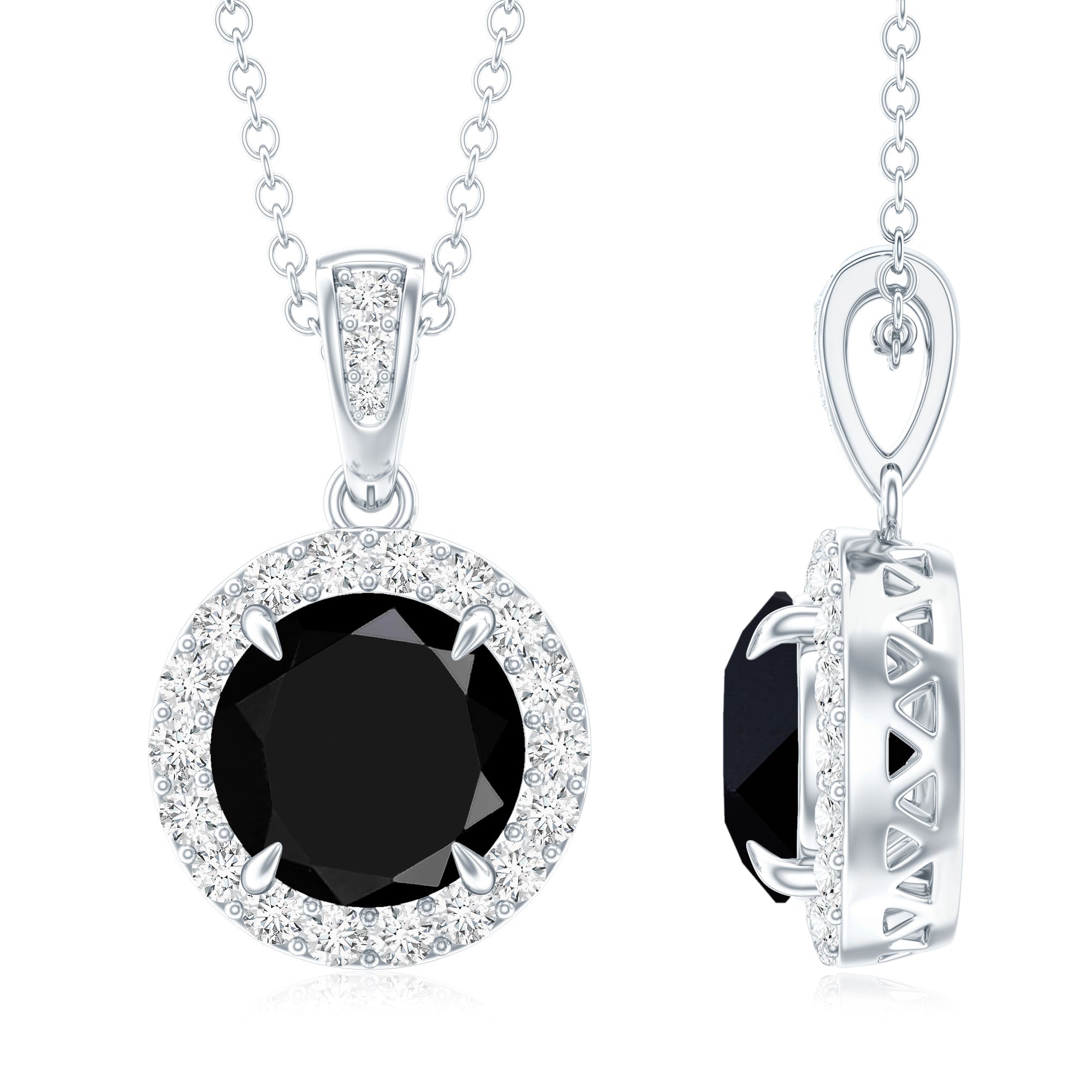 Real 2 Carat Black Onyx Pendant Necklace with Diamond Halo AAA - Rosec Jewels