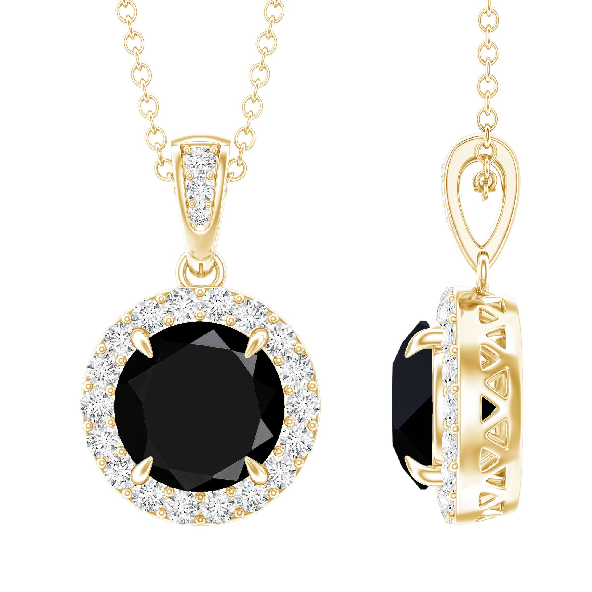 Real 2 Carat Black Onyx Pendant Necklace with Diamond Halo AAA - Rosec Jewels