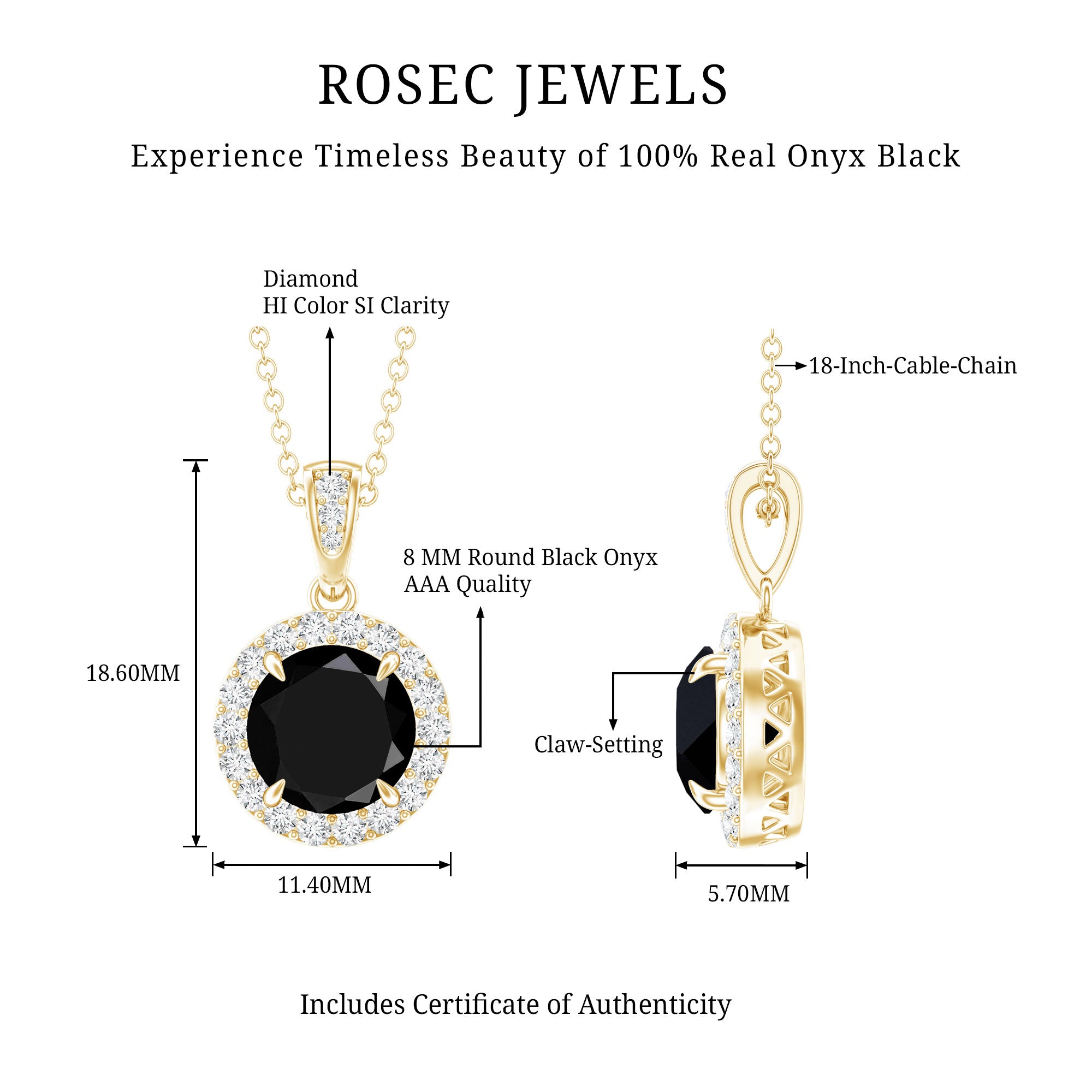 Real 2 Carat Black Onyx Pendant Necklace with Diamond Halo AAA - Rosec Jewels