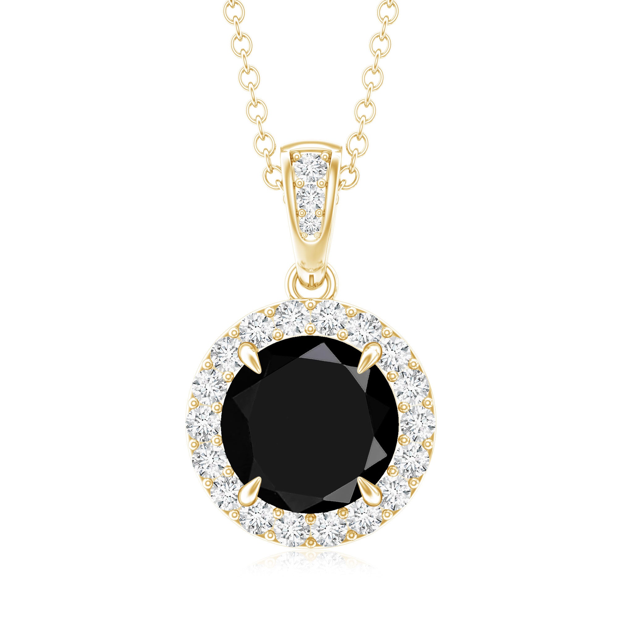Real 2 Carat Black Onyx Pendant Necklace with Diamond Halo AAA - Rosec Jewels