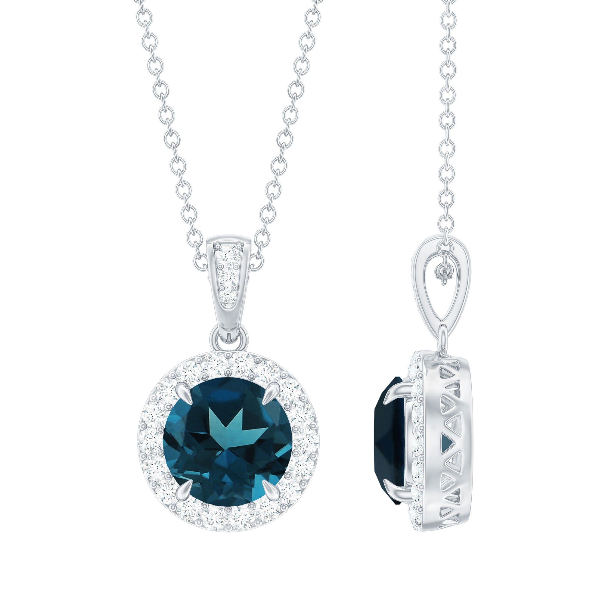 London Blue Topaz Round Halo Pendant with Diamond