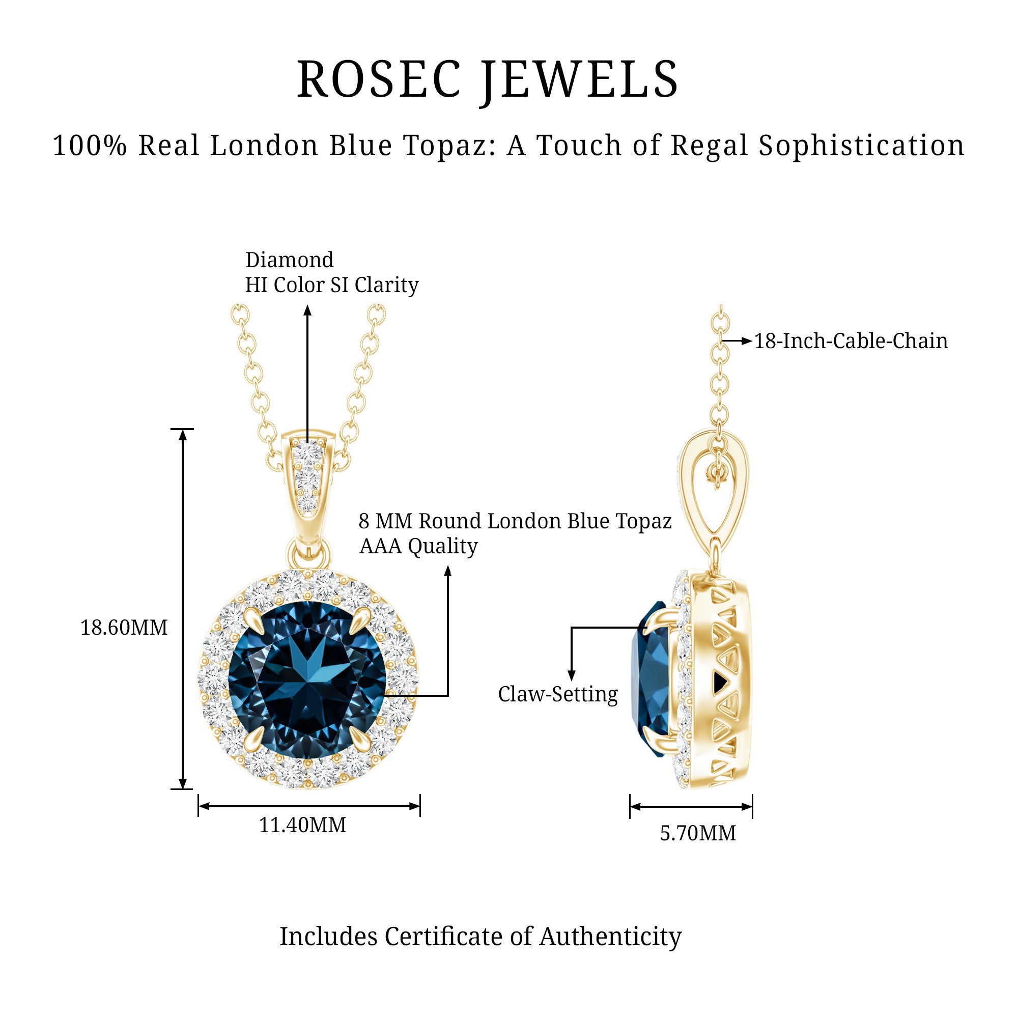 2 Carat London Blue Topaz Round Halo Pendant with Diamond AAA - Rosec Jewels