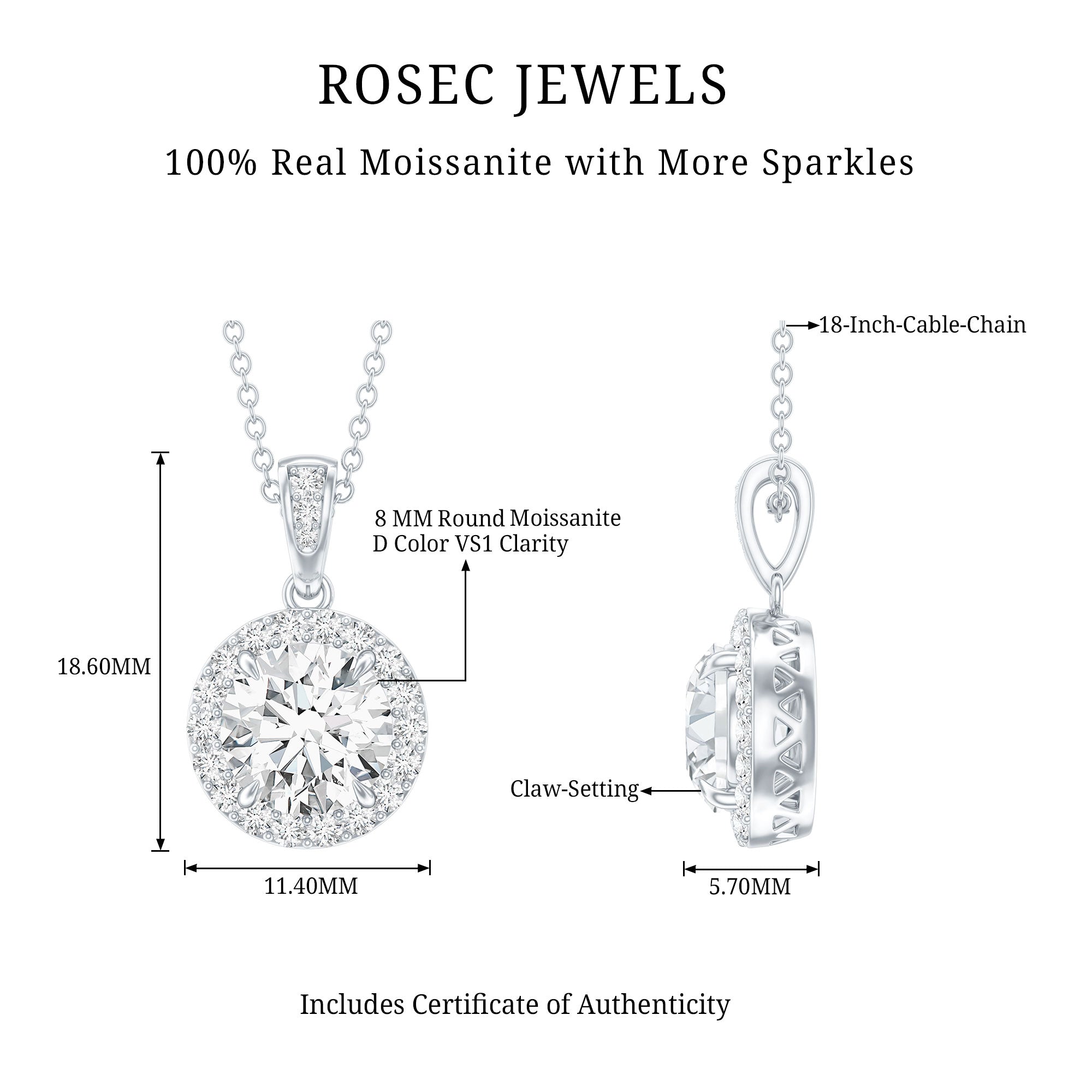Round Moissanite Classic Halo Pendant Necklace D-VS1 - Rosec Jewels